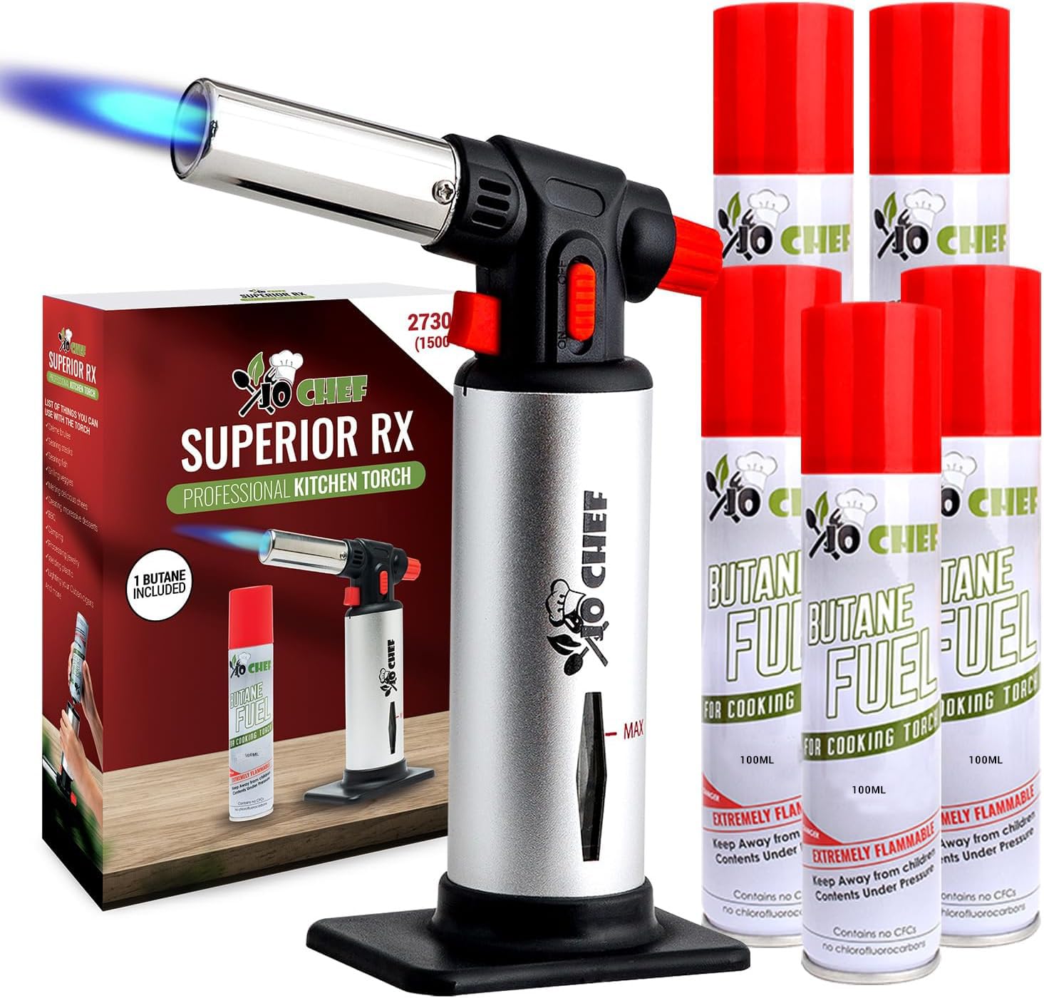 Jo Chef RX Butane Torch Lighter, Cooking Torch - Refillable Adjustable Flame Lighter with Safety Lock for BBQ, Baking, Brulee Creme, DIY, Crafts and Soldering, 5 Butane cans Included