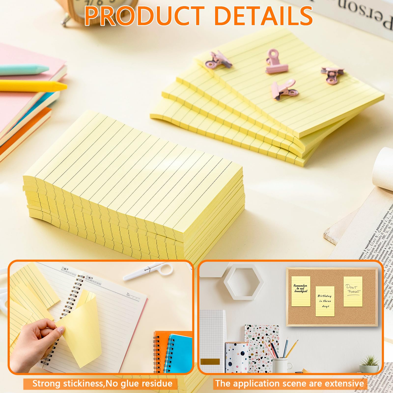 20 Stück linierte Haftnotizen, 10 x 15 cm, pastellliniert, Haftnotizen, Notizblöcke für Schule, Zuhause, Bürobedarf, 50 Blatt/Block (hellgelb)