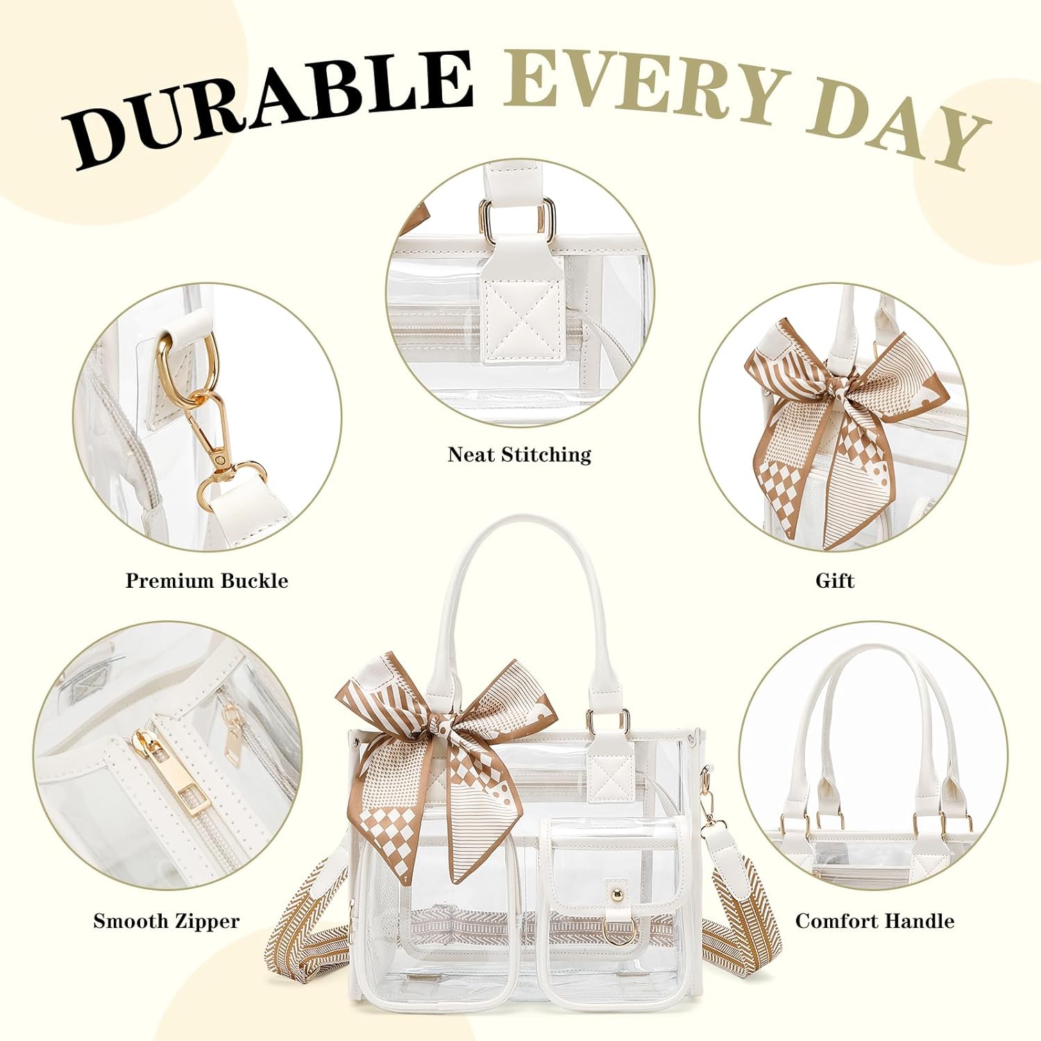 Clear Tote Bag 12x12x6 Thick PVC clear bags for Stadium Events Transparent Bag for Sports Events,Concert,Work & Beach