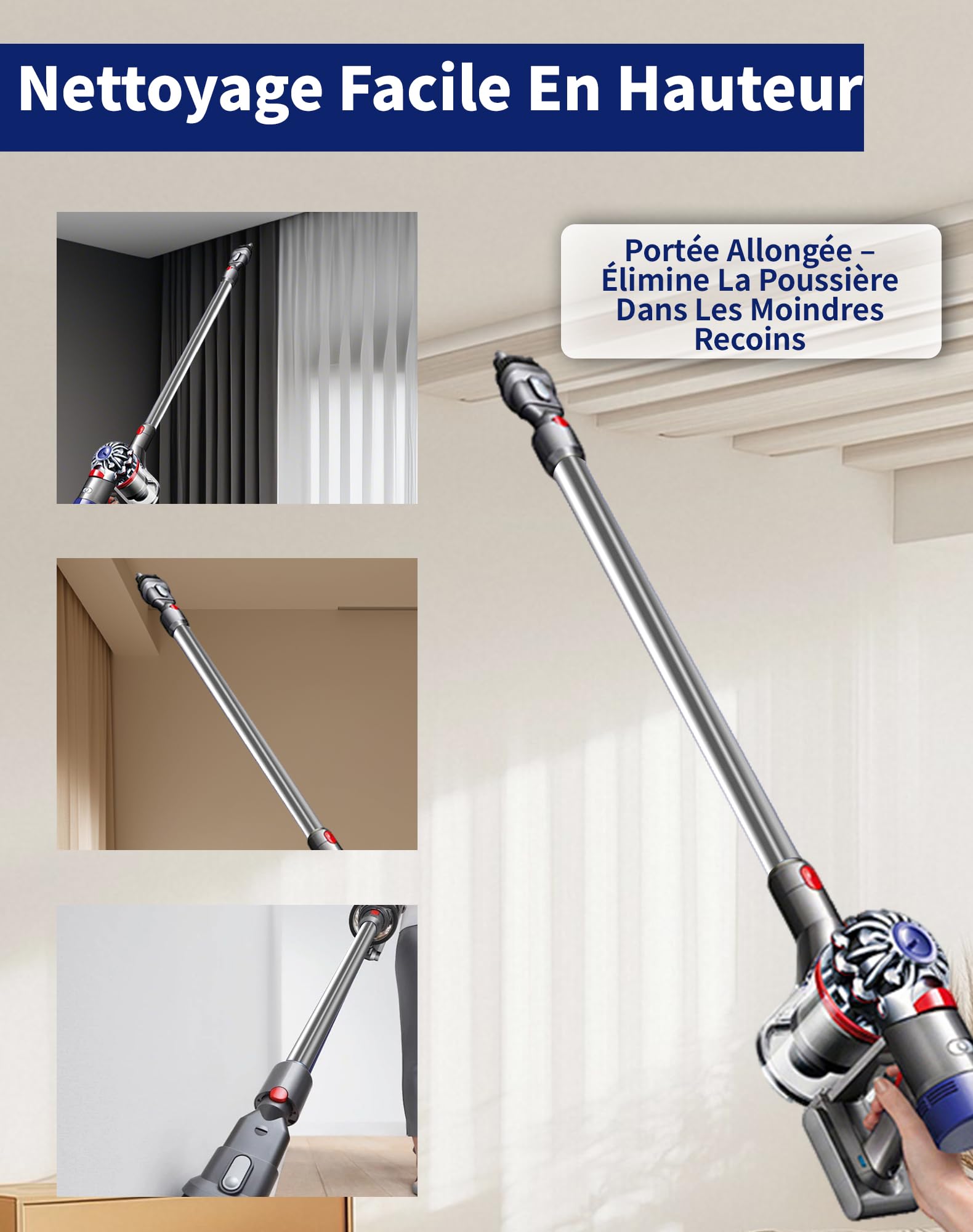 Tube Extension Compatible avec Dyson V12 Detect Slim & V10 Digital Slim, 74cm Tige Rigide Télescopique en Aluminium – avec Dégagement Rapide, Remplacement pour Tuyau d'Aspiration (Gris)