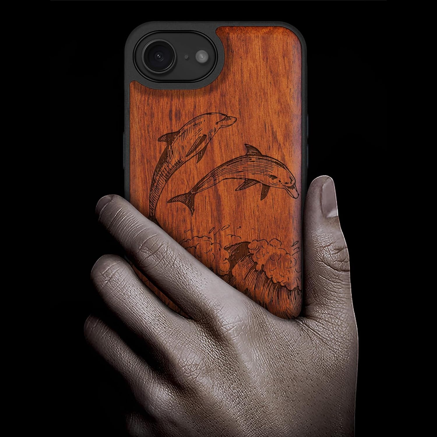 Carveit Magnetic Wooden Case for iPhone 16e / 17e, Solid Wood & Black TPU, Artisan Engraved Design, Shockproof Cover, Compatible with MagSafe Wireless Chargers, Dolphins in The Waves - Rosy