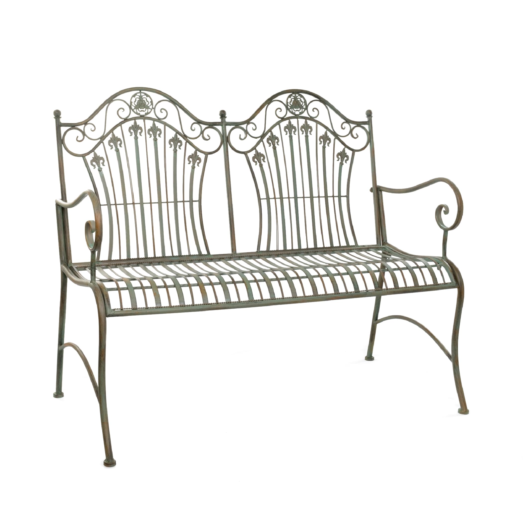 Moritz Ławka ogrodowa 113 cm, metalowa, antyczna zieleń – 2-osobowa ławka do siedzenia z filigranowymi zdobieniami liliowymi w stylu shabby chic – odporna na warunki atmosferyczne, do ogrodu, na taras