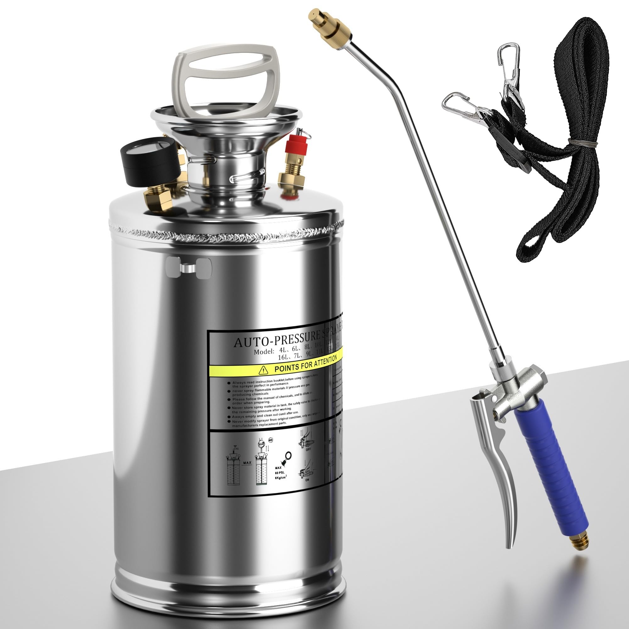 1.5 Gallon Hand Pump Sprayer, 304 Stainless Steel Garden Chemical Sprayer with Pressure Gauge, Adjustable Nozzle, 16" Sprayer Wand, 3.3ft Hose & Safety Valve