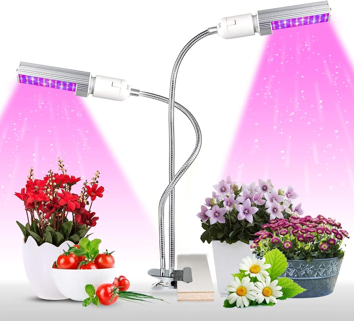 KINGBO Newest 15000Lux LED Grow Light for Indoor Plants, Super Bright 100 LEDs Red Blue Full Spectrum Grow Lamp, Dual Head Gooseneck Desk with 2-Switch Indoor Plant Light for Veg and Flower