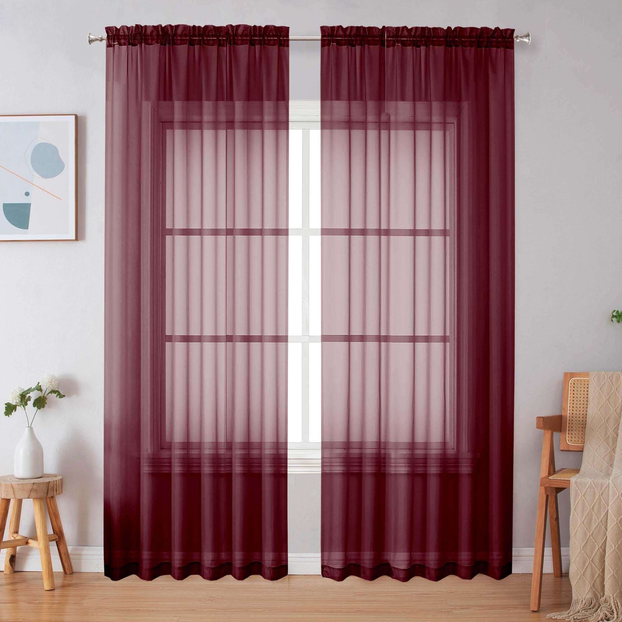 Simplebrand Burgundy Red Sheer Curtains 84 Inches Long 2 Panels for Bedroom