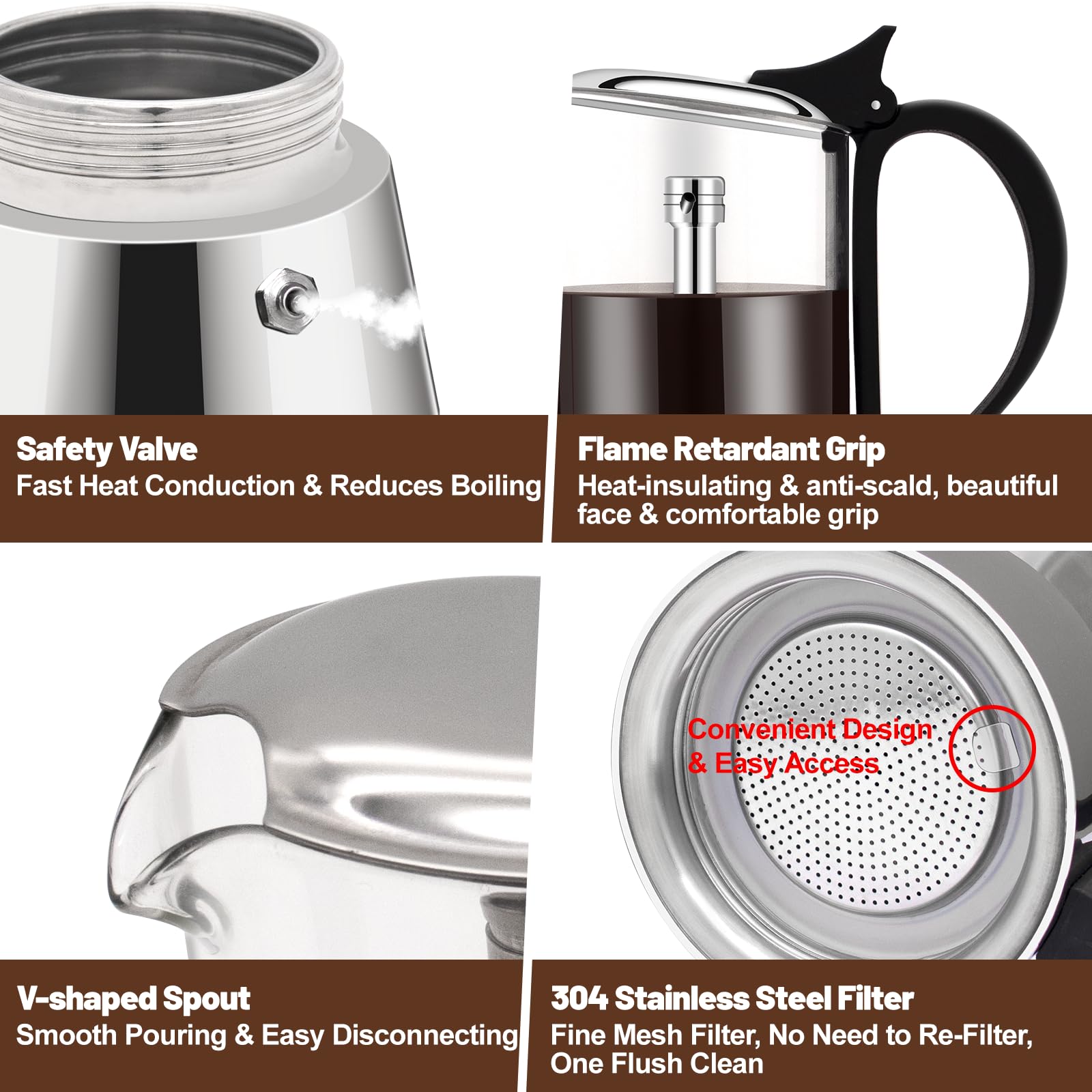 Cafetera Espresso Transparente de Acero Inoxidable 304 Moka Pot Cafetera Espresso Cafetera Percoladora Capaz Cafetera Moka Cafetera Percoladora Para Casa y Camping 6 Taza 350ml