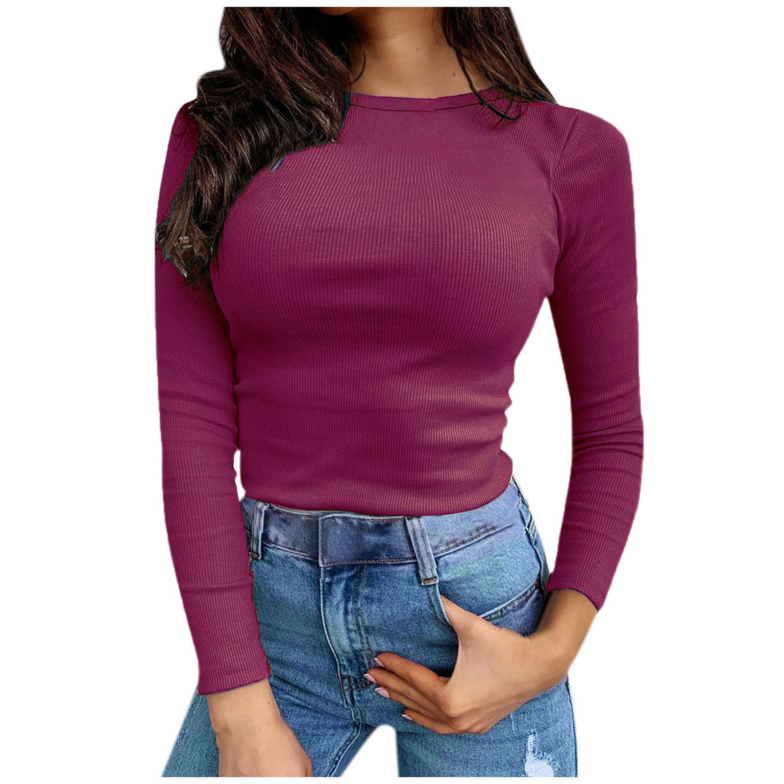 GenericWomen's Long Sleeve Tops Scoop Neck Slim Fitted Basic Ribbed T-Shirts Fall Winter Stretch Knitted Jumpers Tees Comfy Solid Color Aesthetic Streetwear Blouse UK Size