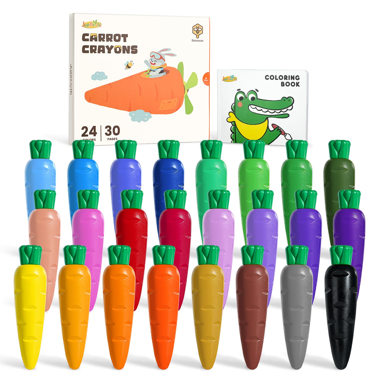 JUPITEARTH 24 Colors Crayons for Toddlers 1-3, Non Toxic Beeswax Carrot-Shaped Toddler Crayons with 30-Page Coloring Book and 120 PDF Pages, Mess-Free Coloring for Kids Ages 2-4 4-8 Art Supplies Gift