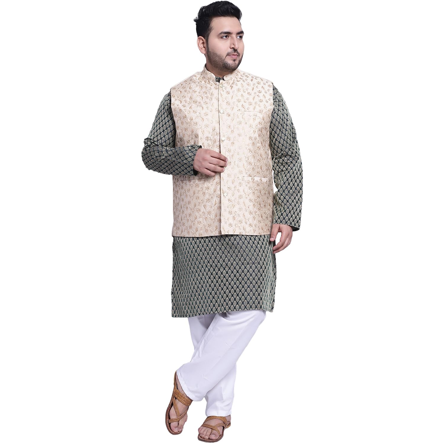 Sojanya (Since 1958 Men's Silk Blend Dark Green Kurta & Beige Emb Nehrujacket With White Pyjama
