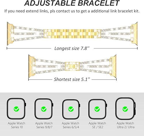 Miniatura 5 de FULLIFE Pulsera de eslabones de metal brillante compatible con correas de Apple Watch para mujer, correa de acero con diamantes de cristal para