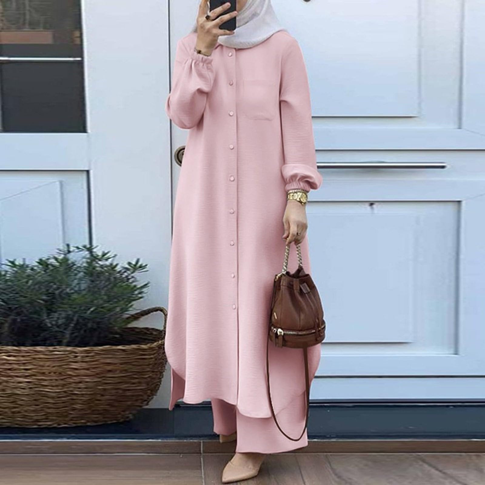 Abaya - Conjunto de pantalones para mujer, camisa de gasa musulmana del Reino Unido y cintura alta, elegante, de algodón, Kurti Palazzo, conjunto de pantalones paquistaníes, vestidos casuales para