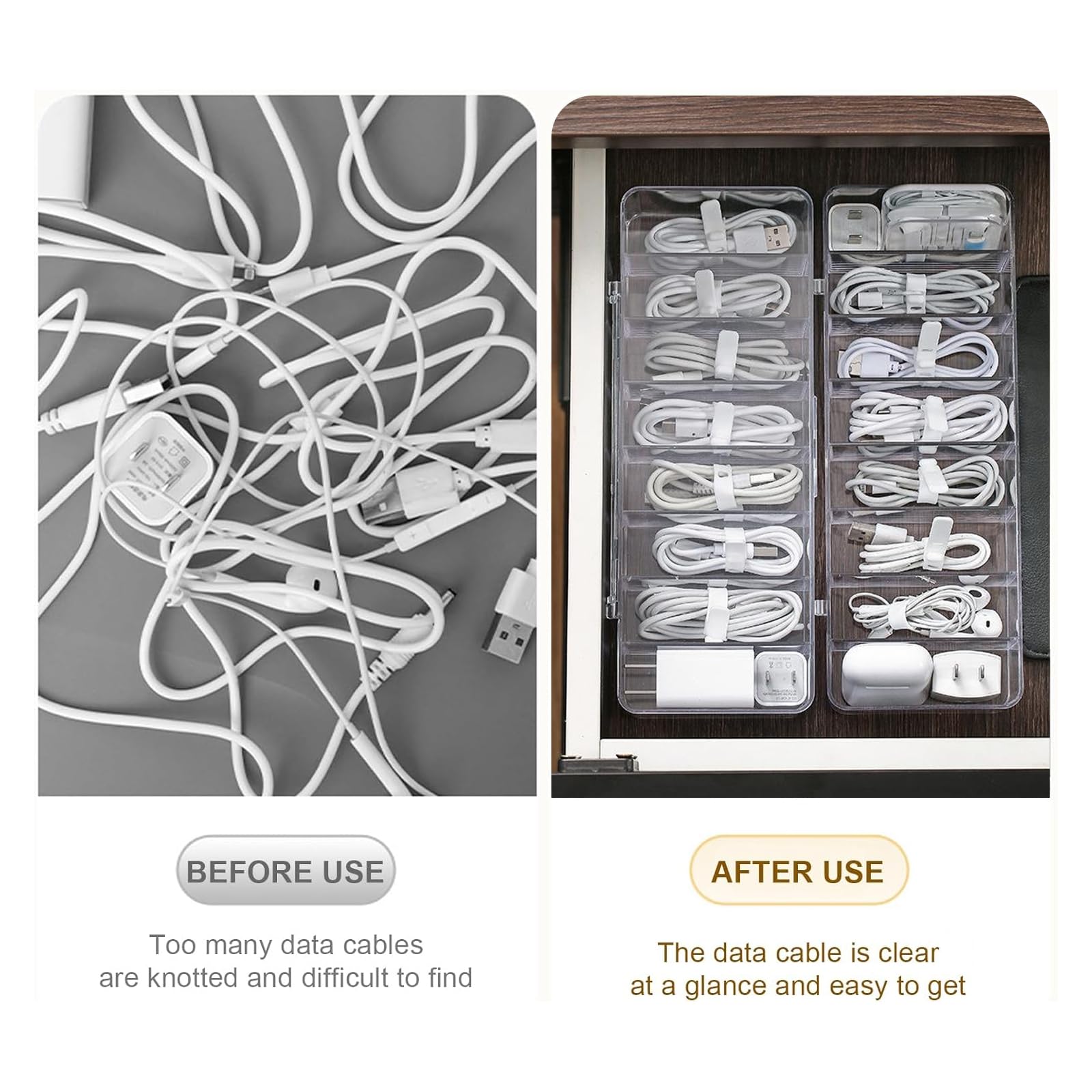 Kabel-Organizer-Box mit 40 Kabelbindern, Kabel-Aufbewahrungsbox, Elektronik-Kabel-Organizer-Box, Kabel-Aufbewahrungsbox für Zuhause, Büro, Handy-Ladegerät (transparent/2 Stück)