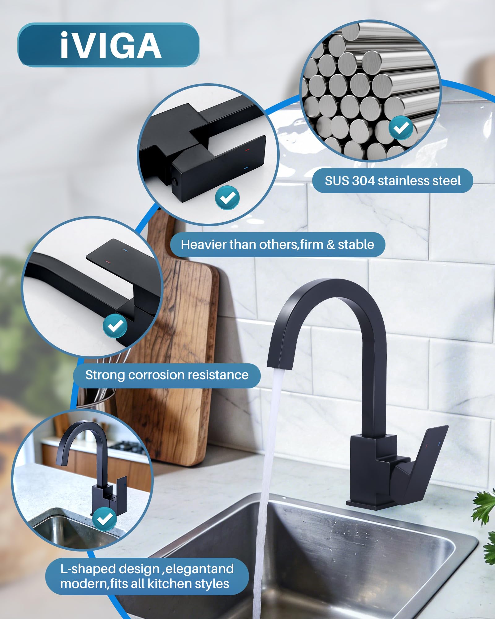 iVIGA Rubinetto da cucina, girevole a 360°, rubinetto da cucina ad alta pressione, in acciaio inox, per cucina, camper, bagno(Nero)