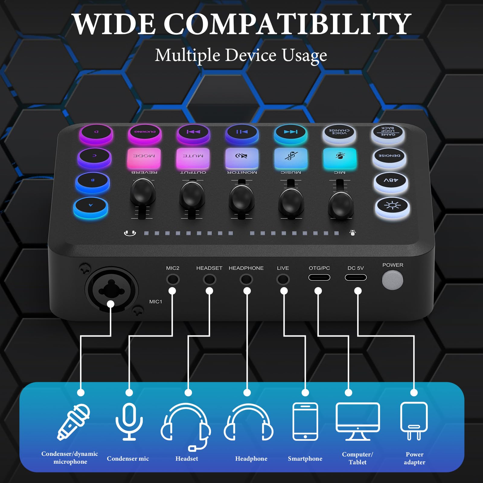 Geekria Mélangeur audio de jeu, mélangeur PC RVB en streaming avec interface microphone XLR,contrôle individuel/fader de volume/bouton muet/alimentation fantôme 48 V pour podcast/enregistrement (noir)