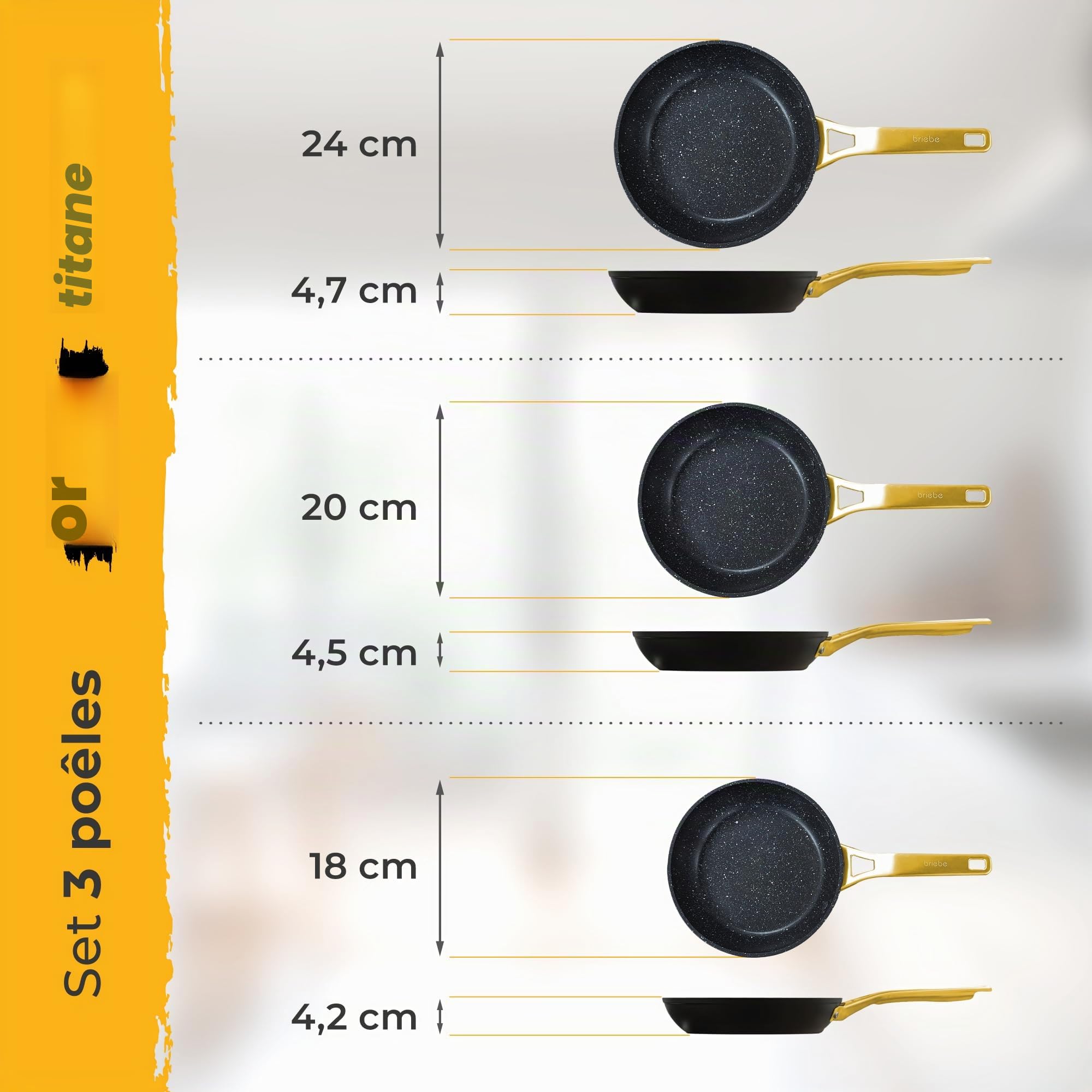 briebe Gold Titanium Set de 3 Poêles Induction, Antiadhésives Titane 18-20-24cm, Aluminium Forgé, Revêtement sans PFOA, Manche Professionnel Acier Inox, Vitrocéramique, Gaz, 3 Protecteurs