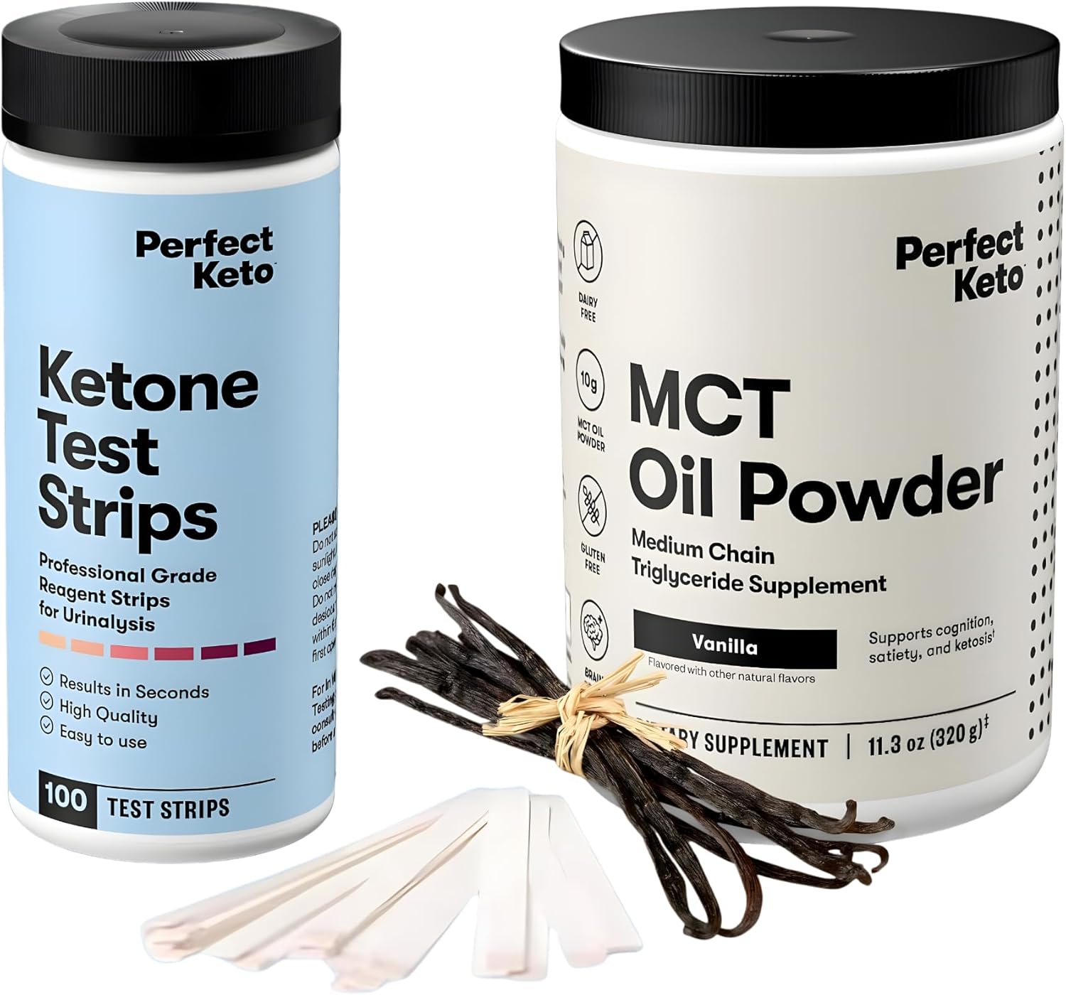 Perfect Keto MCT Oil Powder Vanilla (30 Servings) + Ketone Test Strips Kit (100 ct) – Keto Energy Support & Ketosis Monitoring Bundle