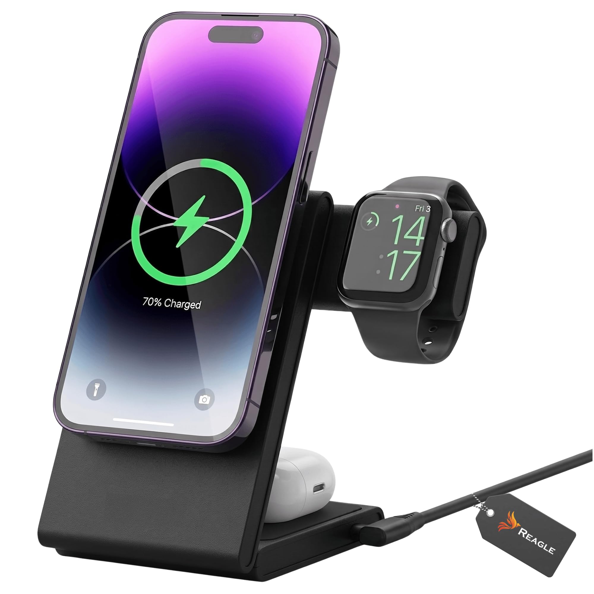 Reagle Stazione di Ricarica Wireless Qi2 3 in 1 15W, Caricatore Magnetico Pieghevole, Compatibile con iPhone 17/16/15/14/13/12, Apple Watch, AirPods, Samsung Galaxy e Pixel, Nero