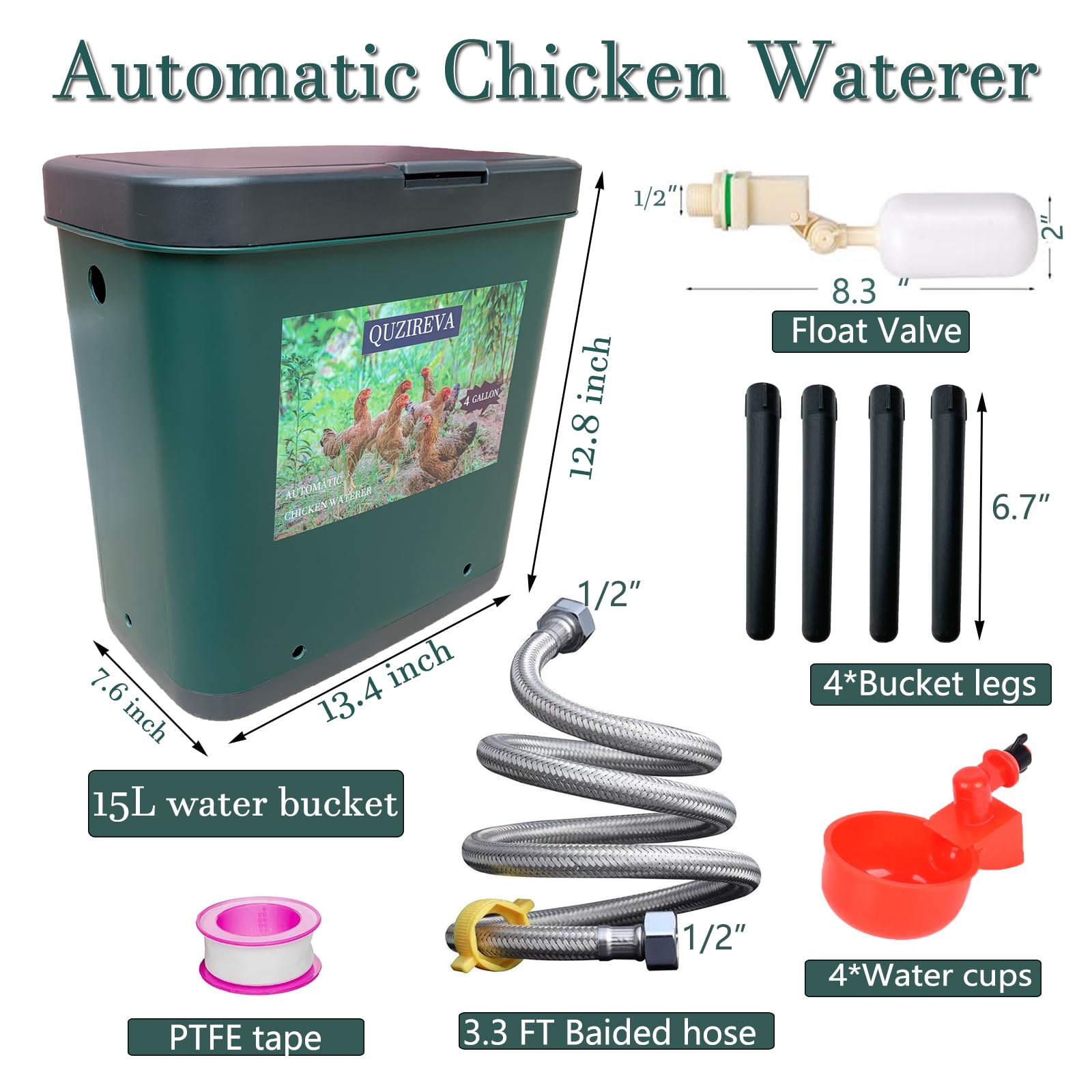 Alimentador automático de agua para aves de corral con flotador, autollenado, 4 galones, dispensador de fuente de agua para pollo, sistema de riego automático de pollo, paloma y pájaro con manguera y