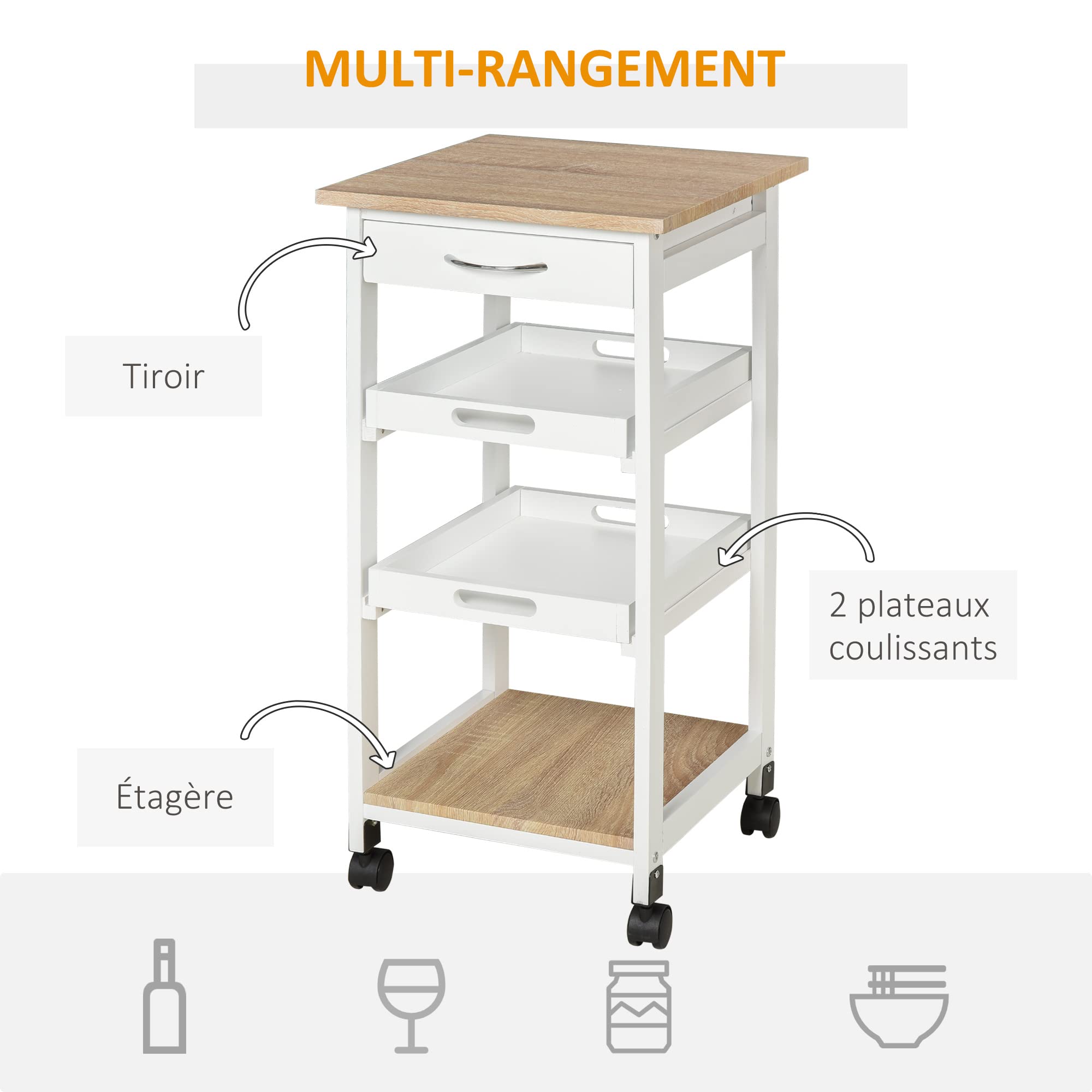 HOMCOM Chariot de Service desserte de Cuisine à roulettes 2 Plateaux Amovibles, tiroir, étagère chêne Clair Bois pin Blanc