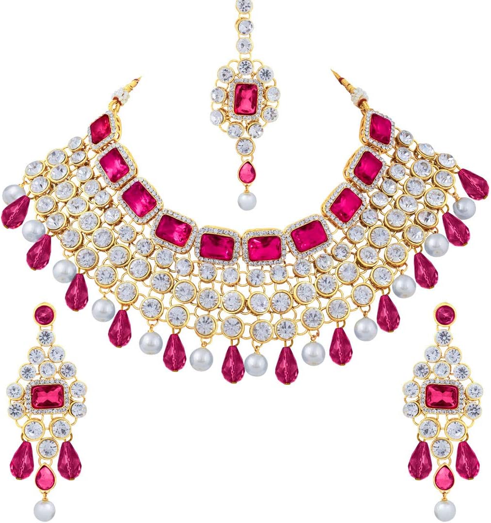 Aheli Kundan and Simulated Colored Stones Indian Ethnic Maang Tikka Necklace and Earrings Set Bollywood Festive Statement Jewelry for Women Girls