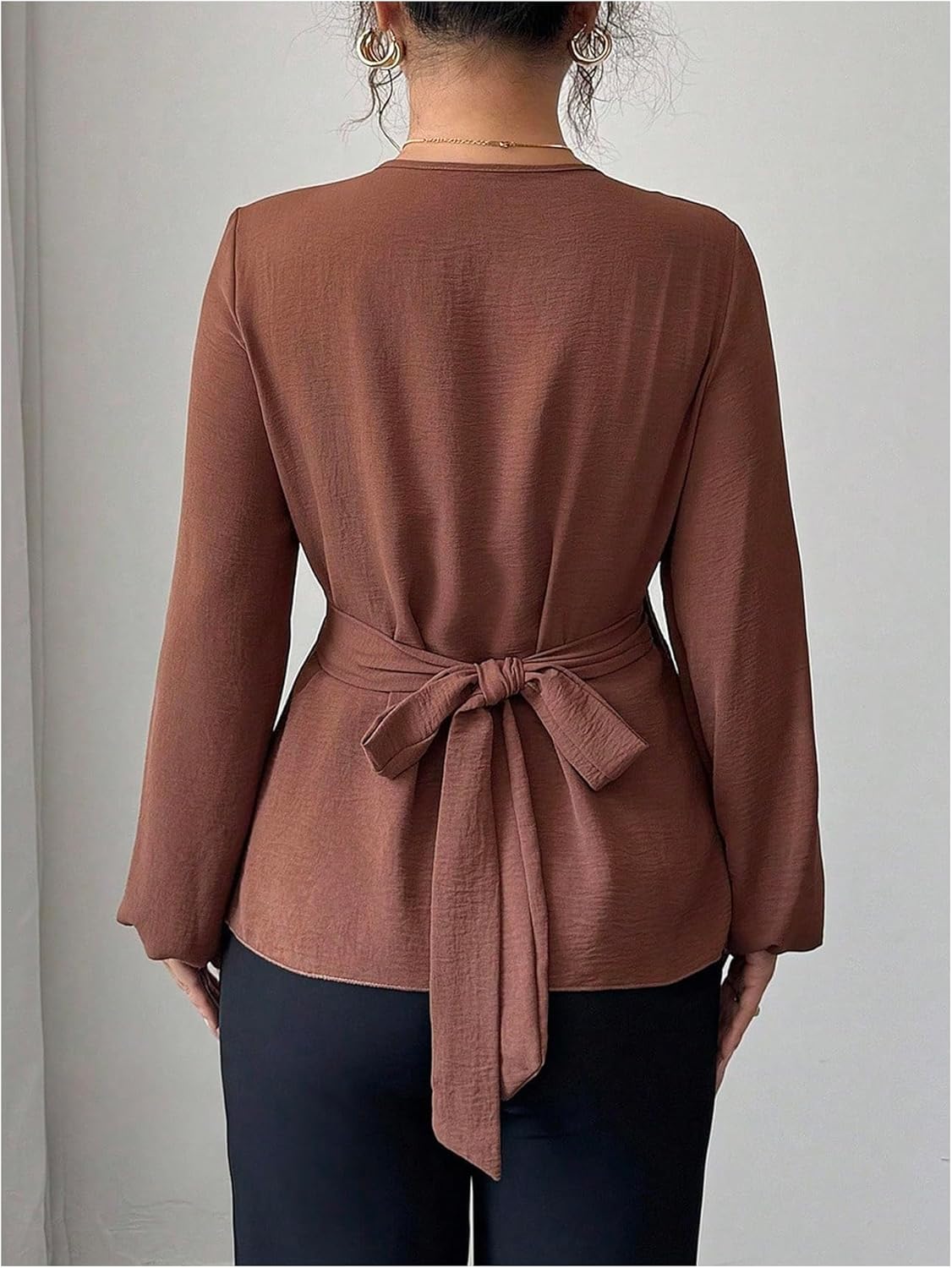 MakeMeChic Women's Wrap V Neck Blouse Lantern Sleeve Tie Back Business Dressy Shirt Tops - Image 3