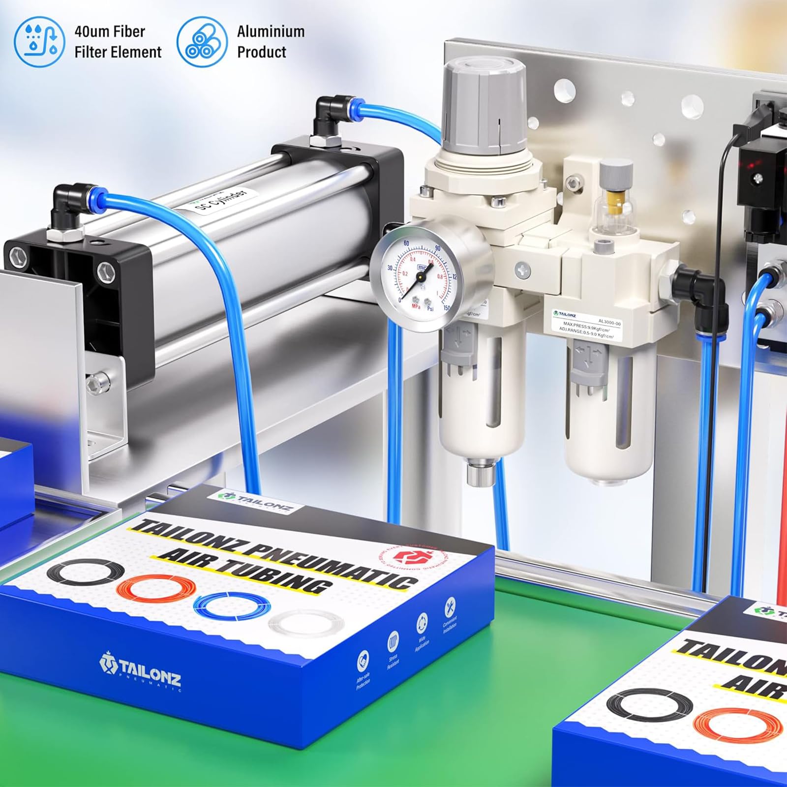 TAILONZ PNEUMATIC 3/8 Pulgada BSP Filtro de Aire Regulador de Presión Separador de Agua/Aceite Combo(0-1MPA),Herramienta de Aire Compresor Filtro con Manómetro AC3010-03(Drenaje Manual)