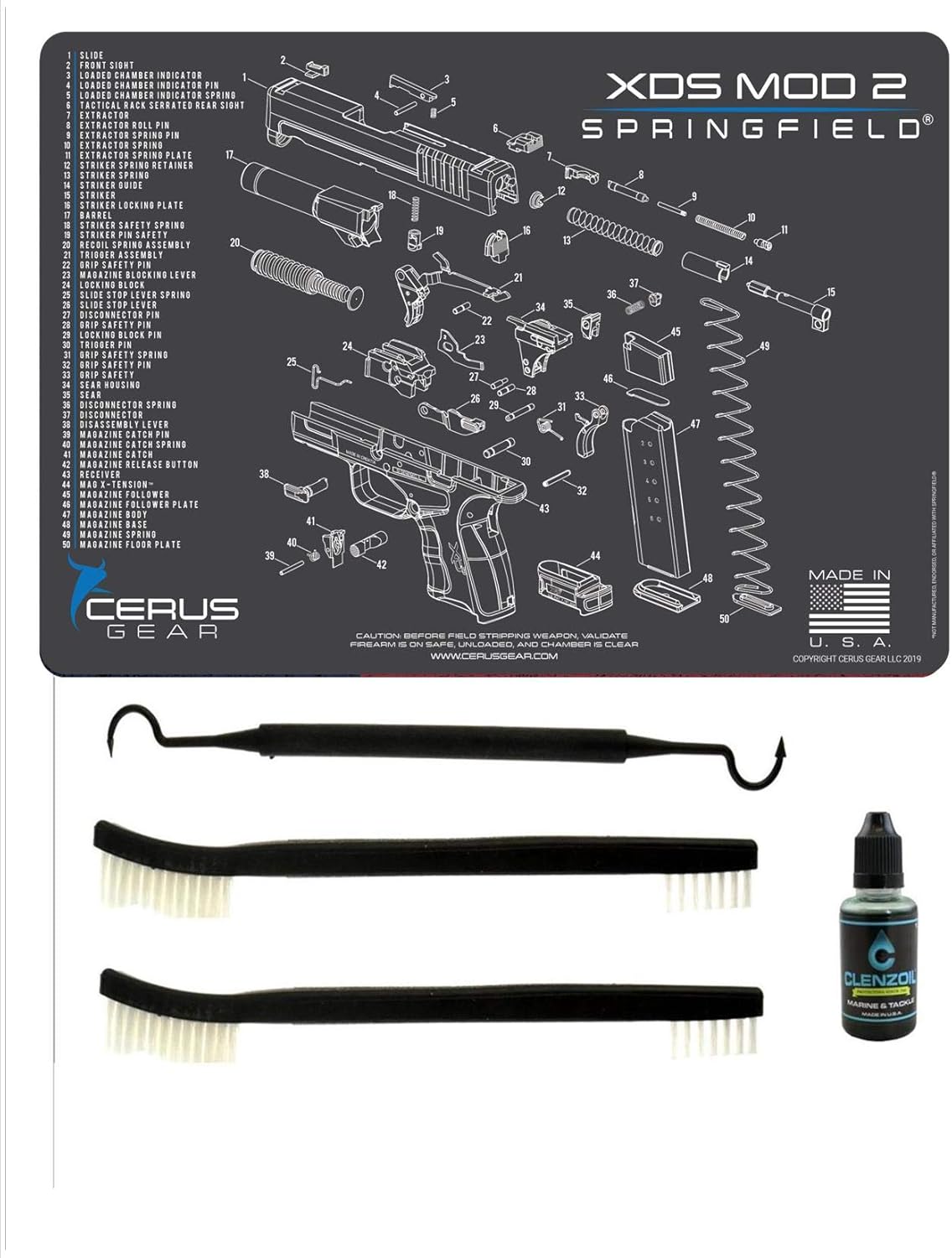Springfield Armory XDs Mod 2 5 PC EDOG Cerus Schematic Exploded View Heavy Duty Pistol Cleaning 12x17 Padded Gun-Work Surface Protector Mat Solvent & Oil Resistant, 3 PC Cleaning Essentials & Clenzoil