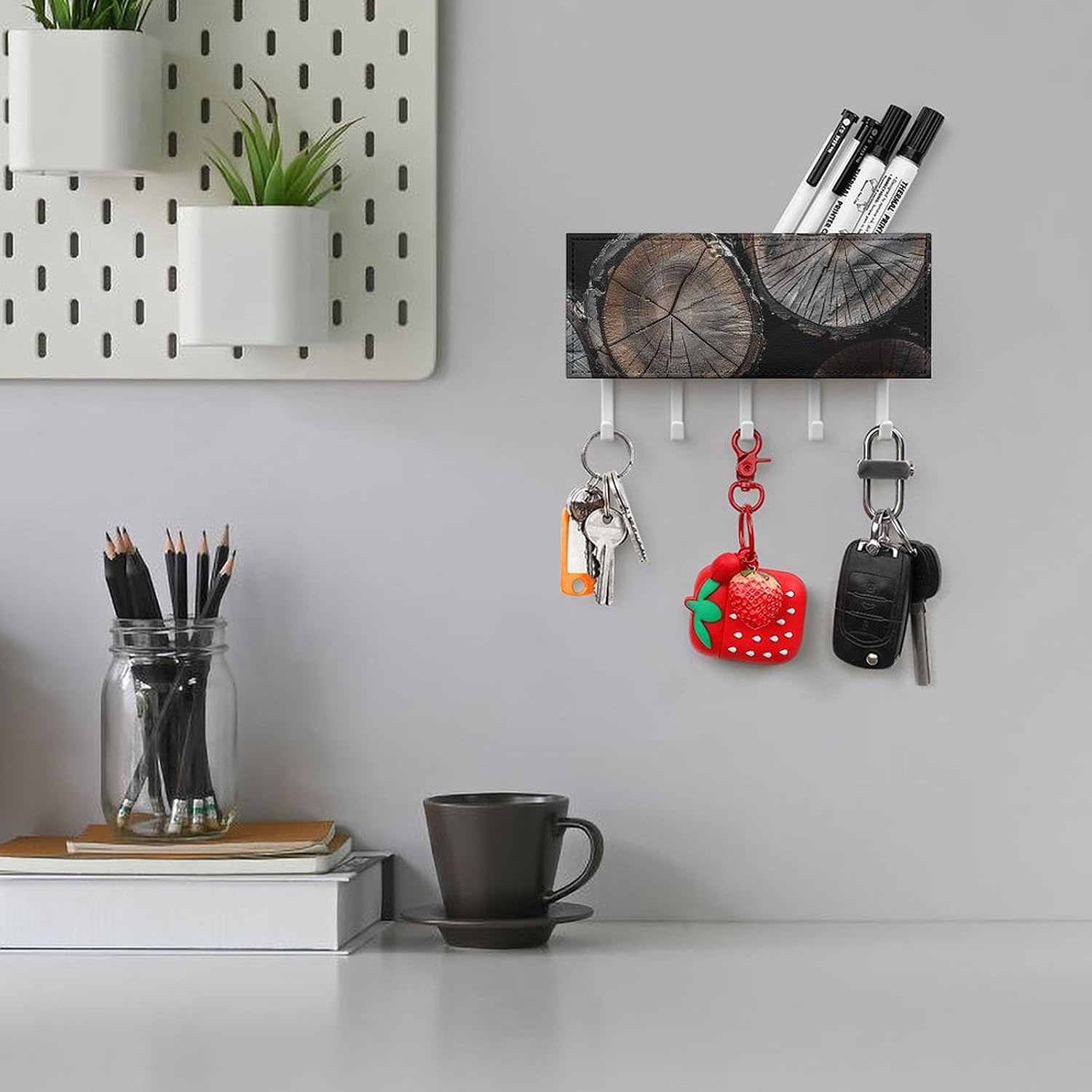 Round Wood Key Holder with 5 Hooks Mail Organizer for Wall White-style image 5