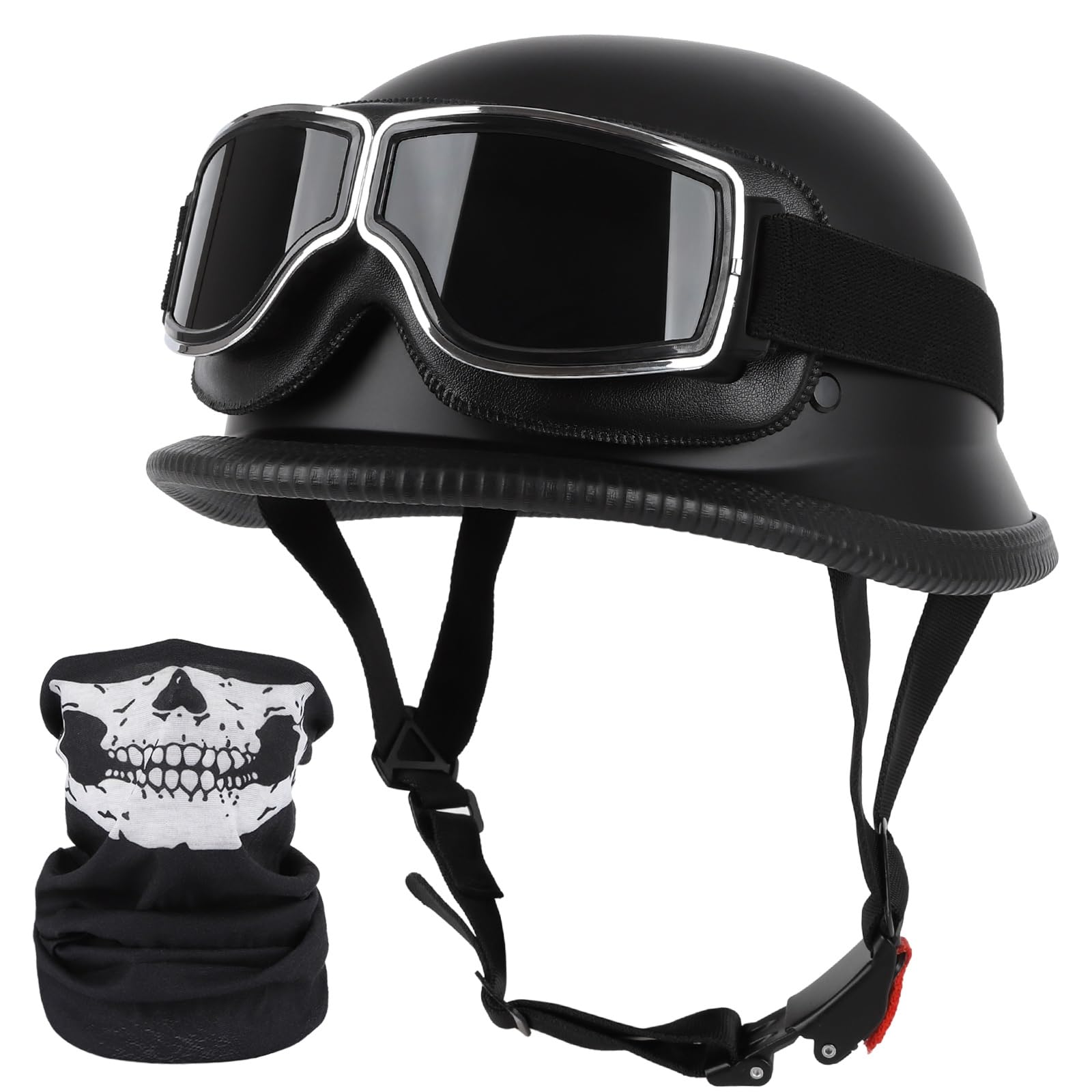 German Style Motorcycle Helmet, DOT Approved Adult Men Women Half Helmet, Skull Cap Half Shell Helmet with Goggles