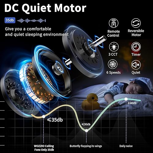 Miniatura 5 de Wozzio Ventilador de techo de 65 pulgadas con luces y control remoto, 6 cuchillas, reversible, motor CC silencioso de 6 velocidades, ventilador de