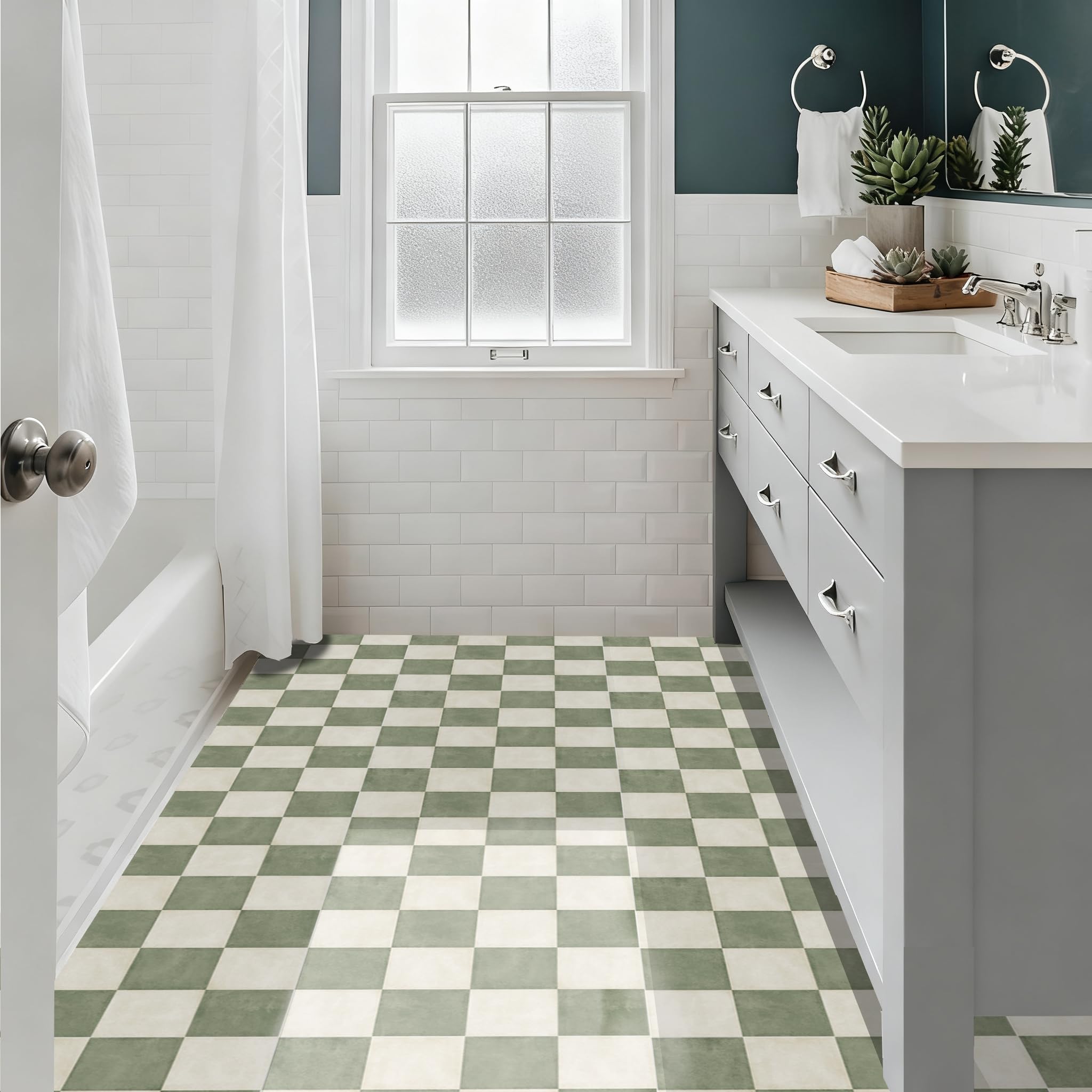 Alwayspon 10 azulejos de piso de 12 x 12 pulgadas x 12 pulgadas, impermeables, antideslizantes, de vinilo, para baño, cocina, dormitorio, decoración de suelo apta para inquilinos, tablero de ajedrez