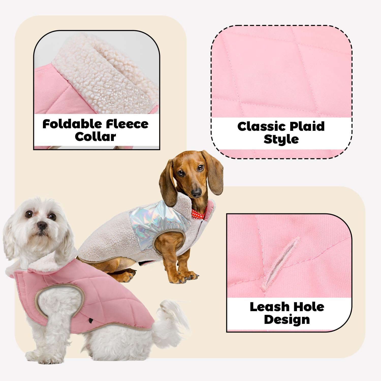 EMUST Quilted Warm Small Dog Winter Coat - 2 Layers Fleece Lined Doggie Puffer Vest for Cold Weather with Leash Hole, Cream, L