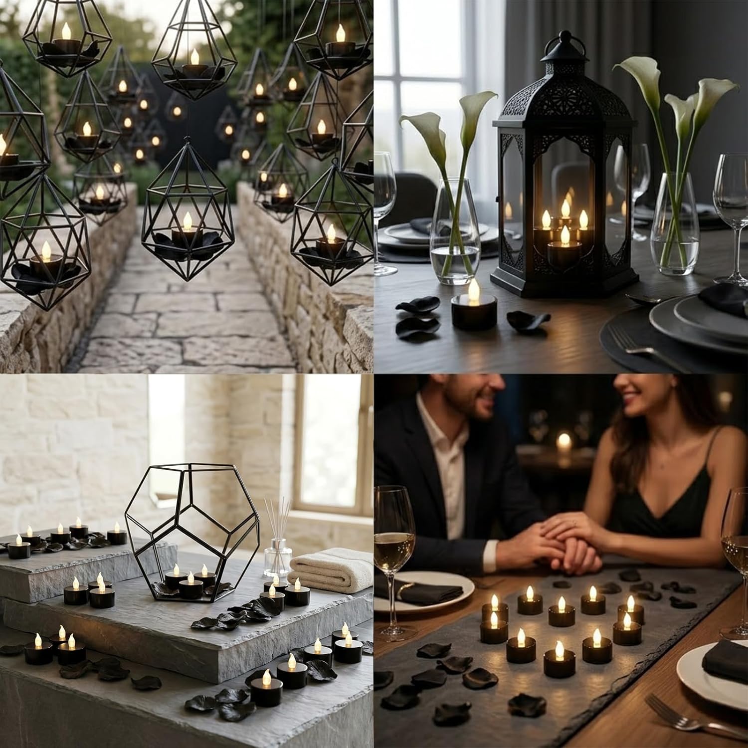 500Pcs Rose Petals with 12 LED Tea Lights Candles Set, Black Artificial Rose Petals and Flameless Candles Set for Anniversary, Valentine's Day, Wedding Decor (Black Candles-White Light)