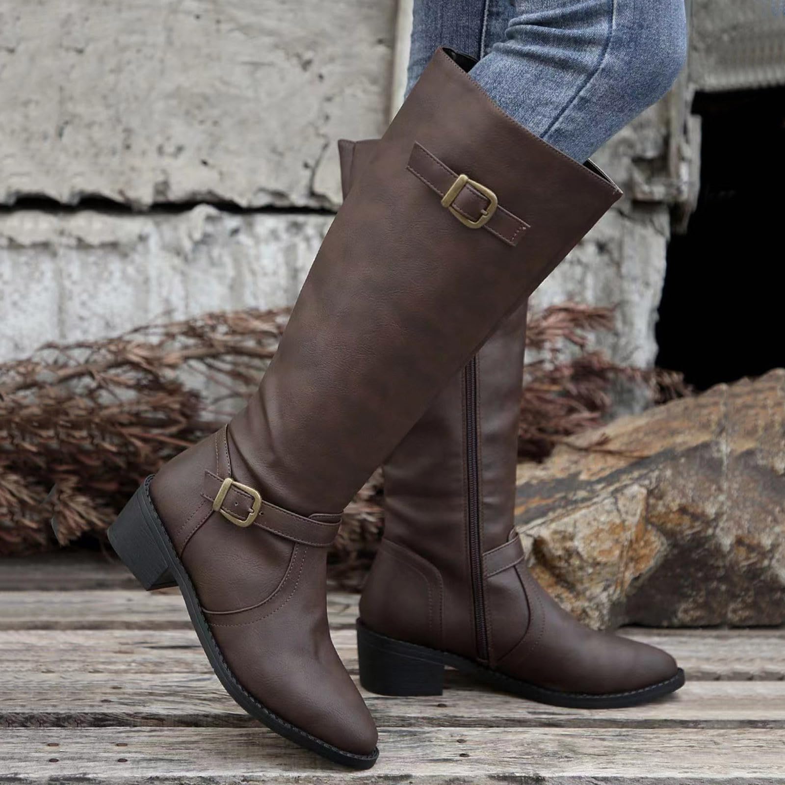 Bottes Hautes Genou pour Femme Style Britannique en Cuir avec Boucle décorative latérale Fermeture éclair Dashion Tube Long