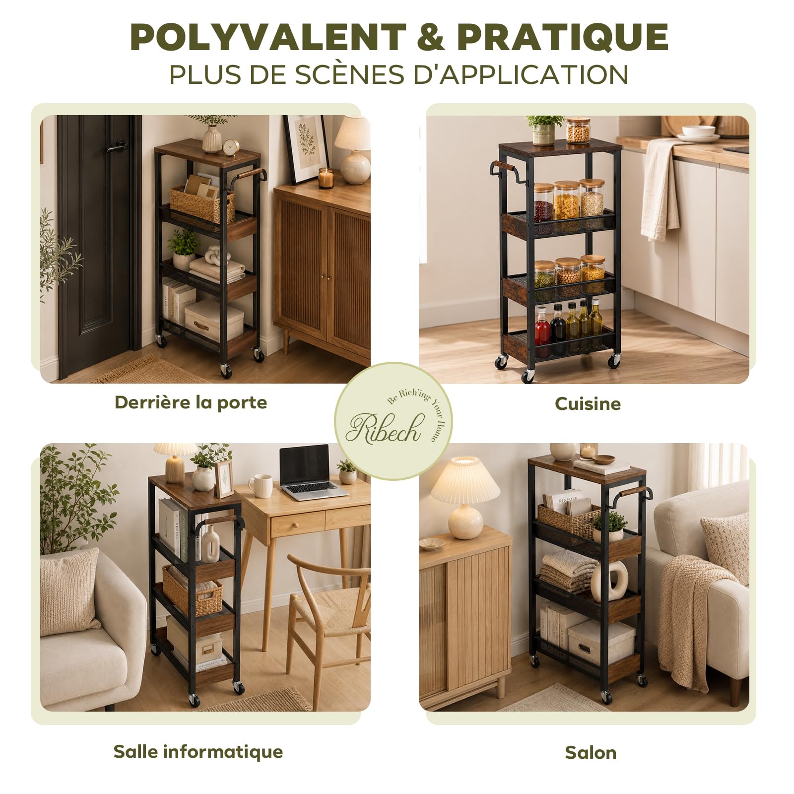 Chariot de Rangement Étroit 4 Niveaux avec Revêtement en Bois