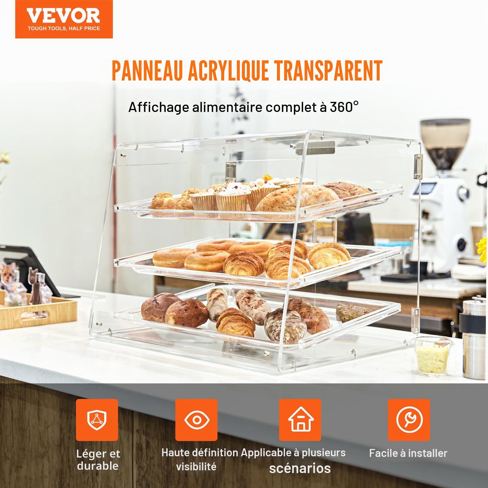 VEVOR Présentoir à Pâtisserie à 3 Niveaux Vitrine de Boulangerie Transparente en Acrylique Étagère Présentation Pâtisserie Amovible pour Pain Viennoiserie Dessert Bonbons Bar Café Magasin Restaurant