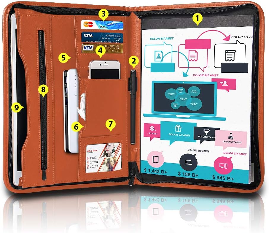 Tyson Padfolio, Resume Portfolio/Business Portfolio, PU Leather Document Storage, Zippered Portfolio Binder with Writing Pad, Card Holder & Phone Slot (Brown PU)