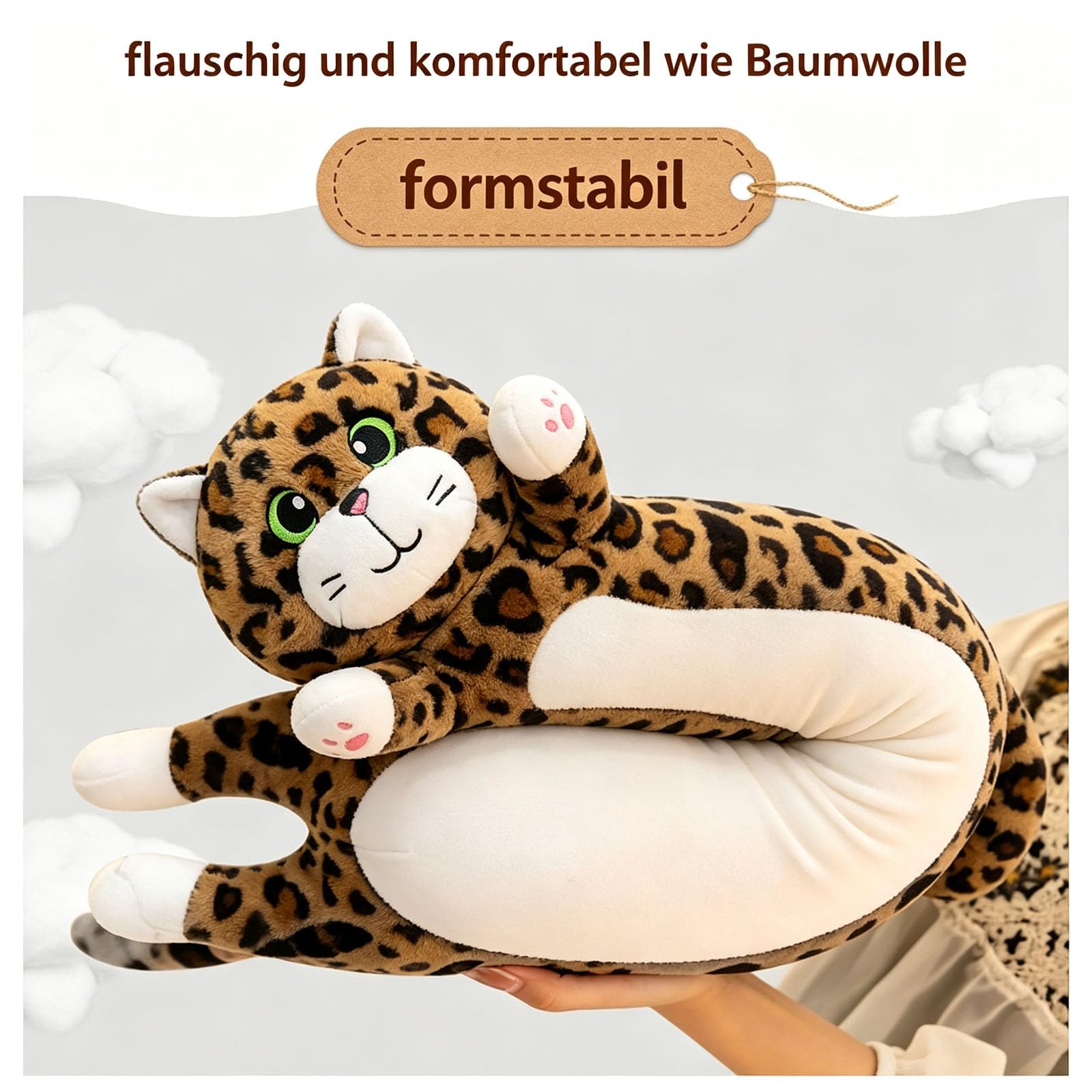 AMOSIJOY Lange Katze Kuscheltier, Leopardenmuster Katze Plüschkissen, Katze Plüschtier Ausgestopftes Tier Spielzeug Kuschelkissen als Schlafbegleiter, Geschenk Für Kinder Freundin (110cm)
