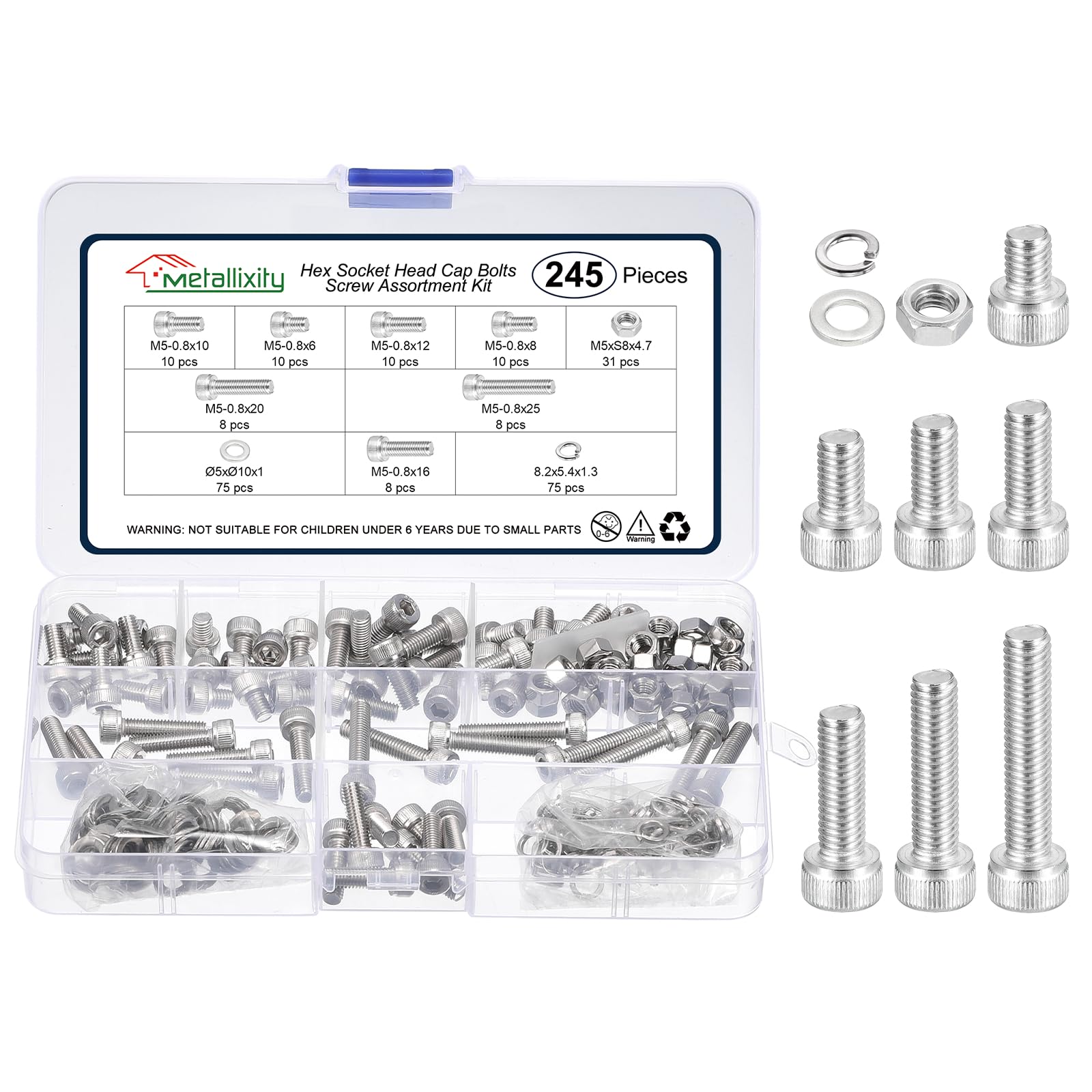 METALLIXITY Socket Head Cap Screws Kit (M5x6/8/10/12/16/20/25) 245Pcs, Stainless Steel Allen Socket Drive - Machine Internal Hex Screw, Silver — image 1