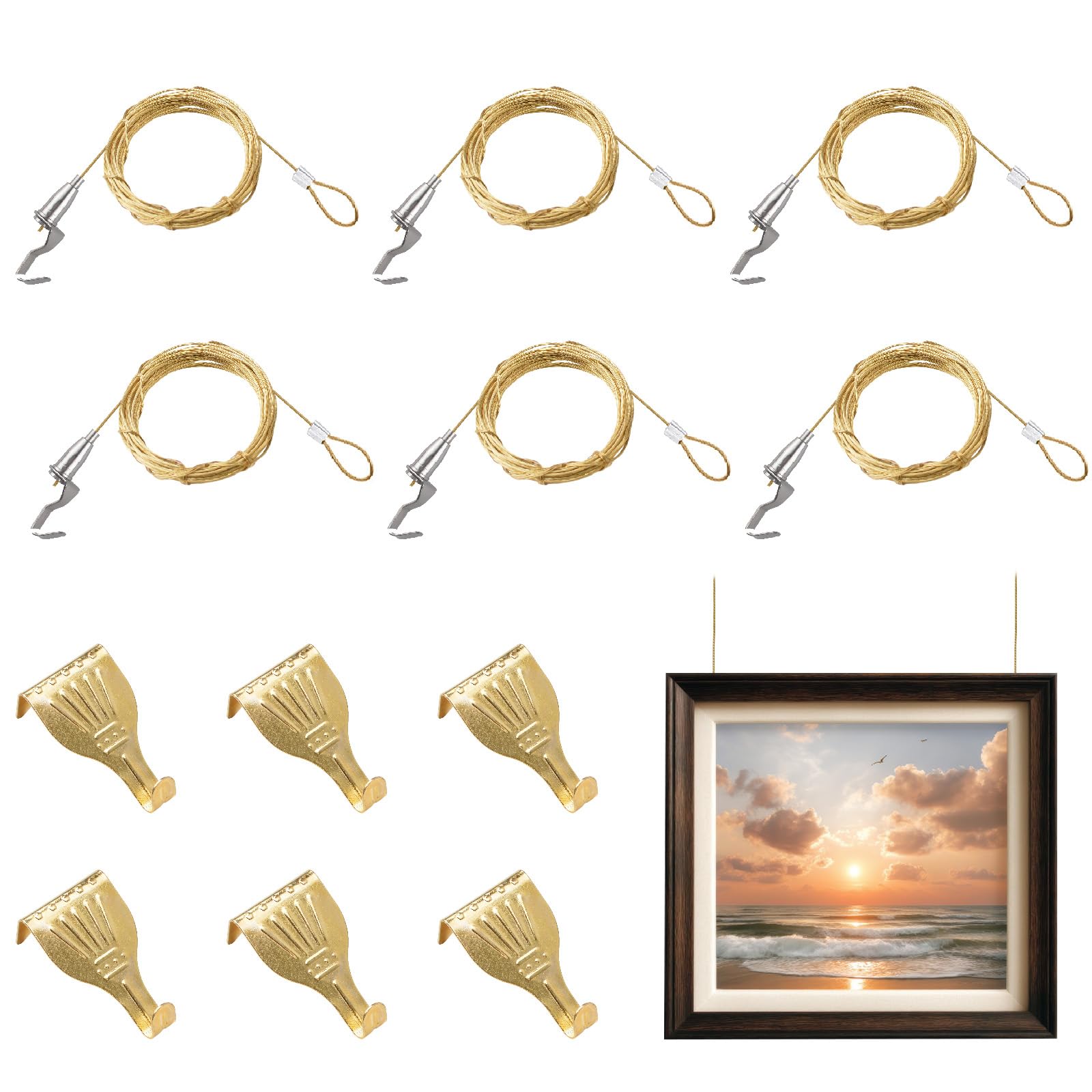 UFURMATE 6 Picture Hanging Kits with Hooks, Adjustable Brass Hanger Wire Rope Kit Professional Art Picture Display Kit for Wall Picture Exhibition(1M,Gold+Silver) — image 1