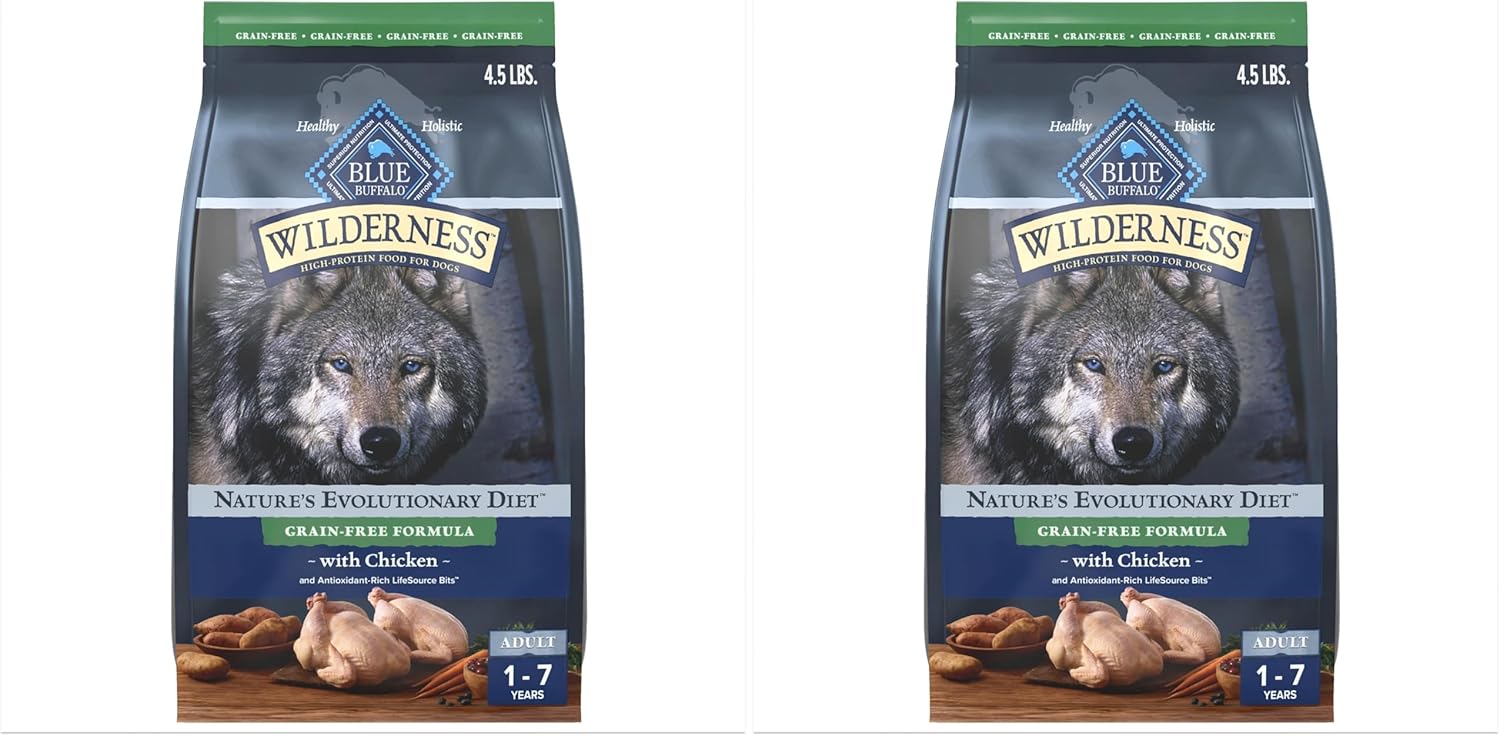 Blue Buffalo Wilderness Adult High-Protein Dry Dog Food with Real Chicken, Grain-Free, Made in The USA with Natural Ingredients, Chicken, 4.5-lb. Bag (Pack of 2)