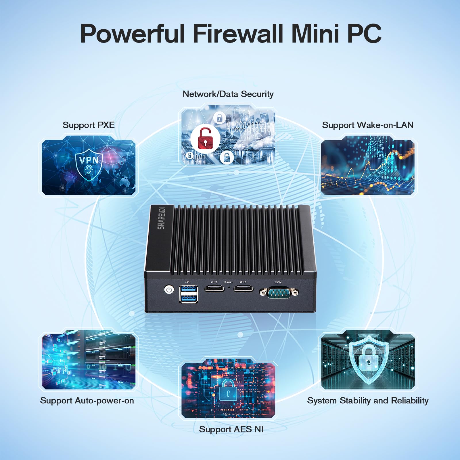 Sharevdi Fanless Firewall Appliance 6X Intel i226 LAN Firewall Mini PC Intel N3710 4C/4T,DDR3 mSATA SSD, Network Gateway Soft Router, Test with P-F-Sense/OPN-Sense AES NI HD/Type-C/SIM Card/TF/Wi-Fi: N3710/8 GB DDR3/64 GB SSD/4 LAN