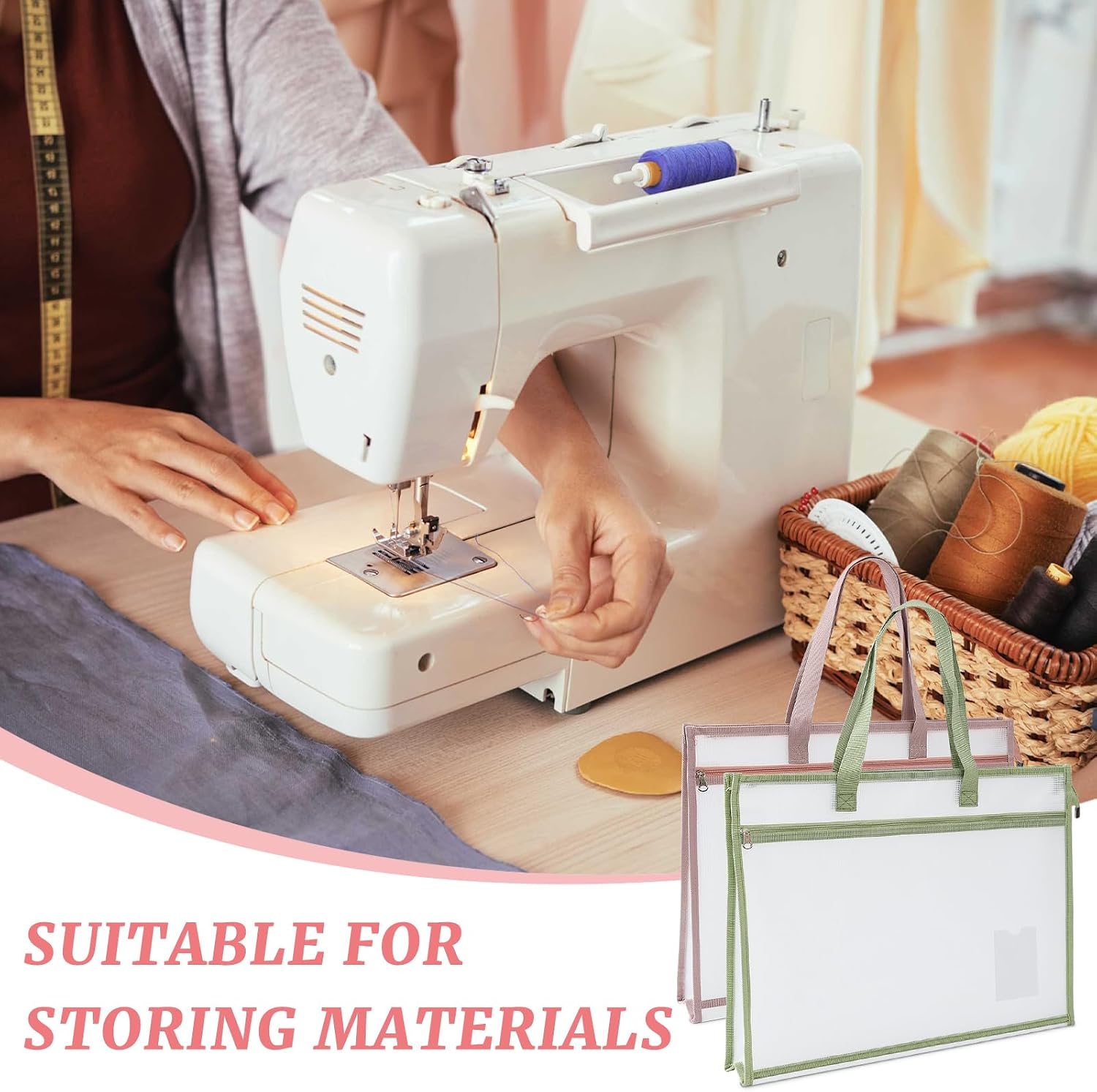 A4 Project Bags, 14.2 x 10.2 in Portable Sewing Craft Bag with Handle, Waterproof Clear Mesh Zipper Pouch Bags for Quilting Knitting and Artworks Supplies (Pink)