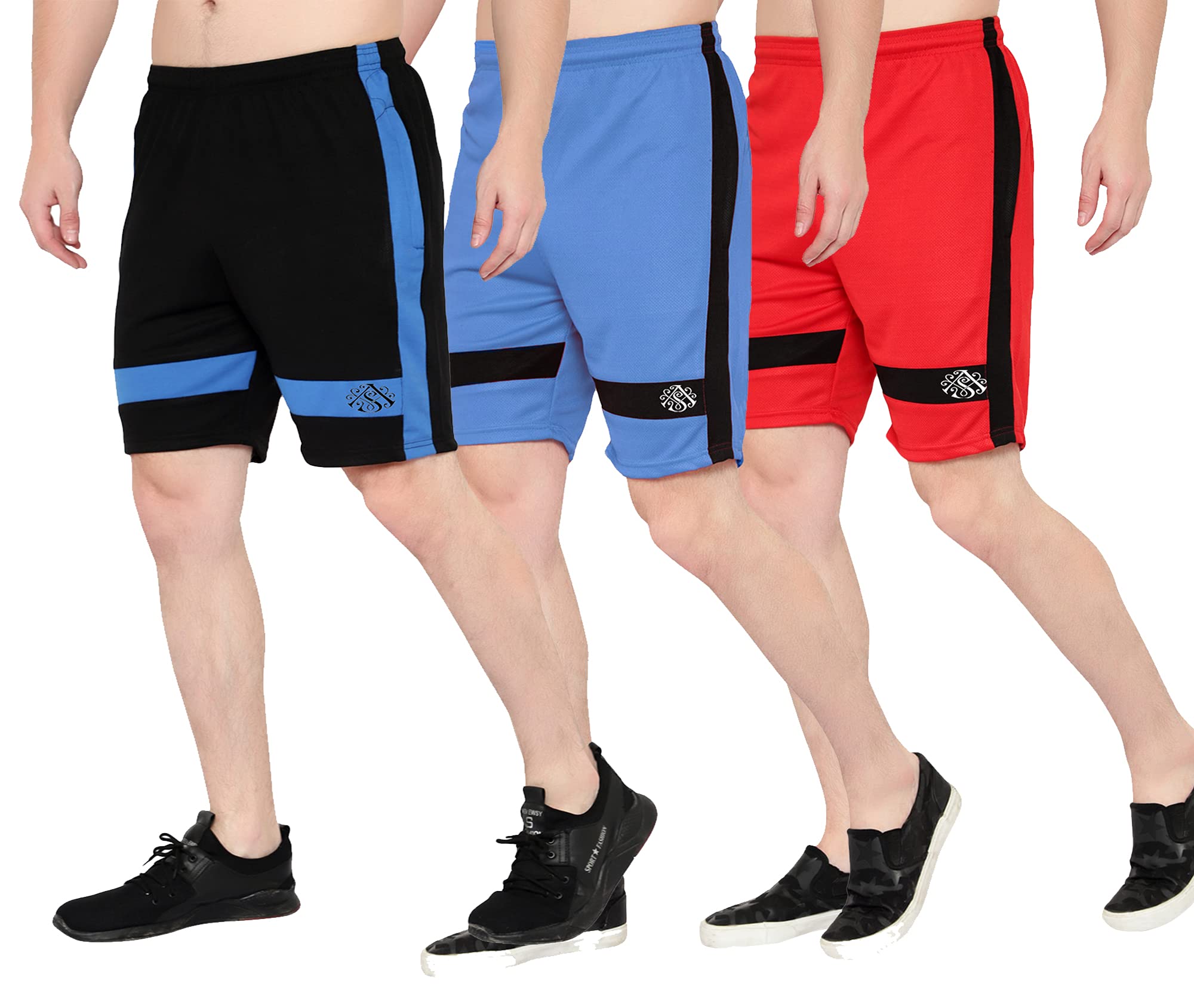 OORA Womens Breathable Polyester Cotton Blend Running Sports Gym Shorts Pack of 3 (Navy, Blue, Red, 32)