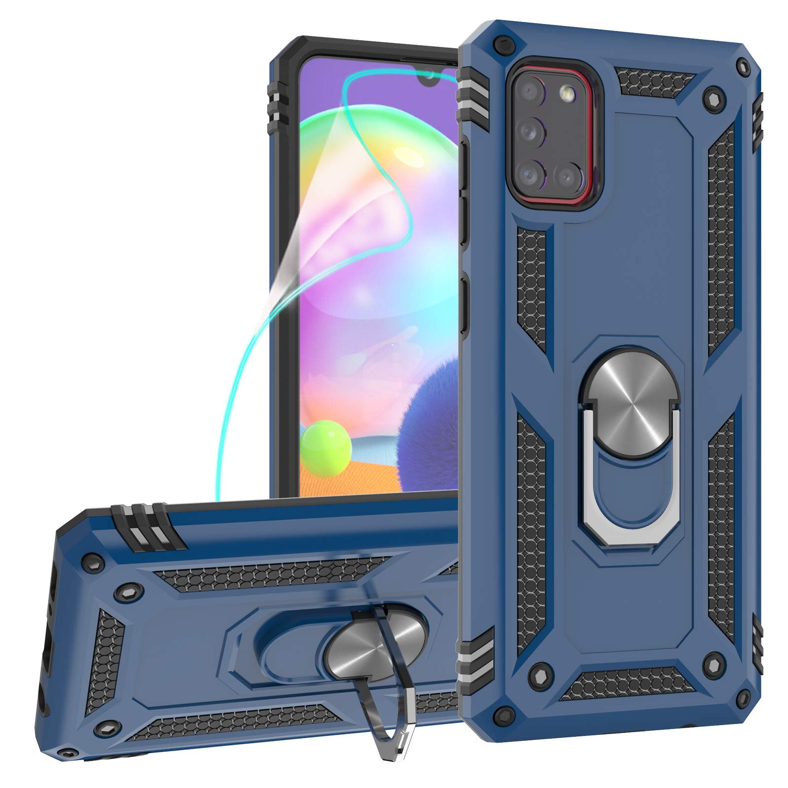 ZingCon Compatible for Samsung Galaxy A31 Phone Case,[HD Screen Protector] Shockproof Protective Cover with Rotating Ring Kickstand Fit Magnetic Car Mount-Blue