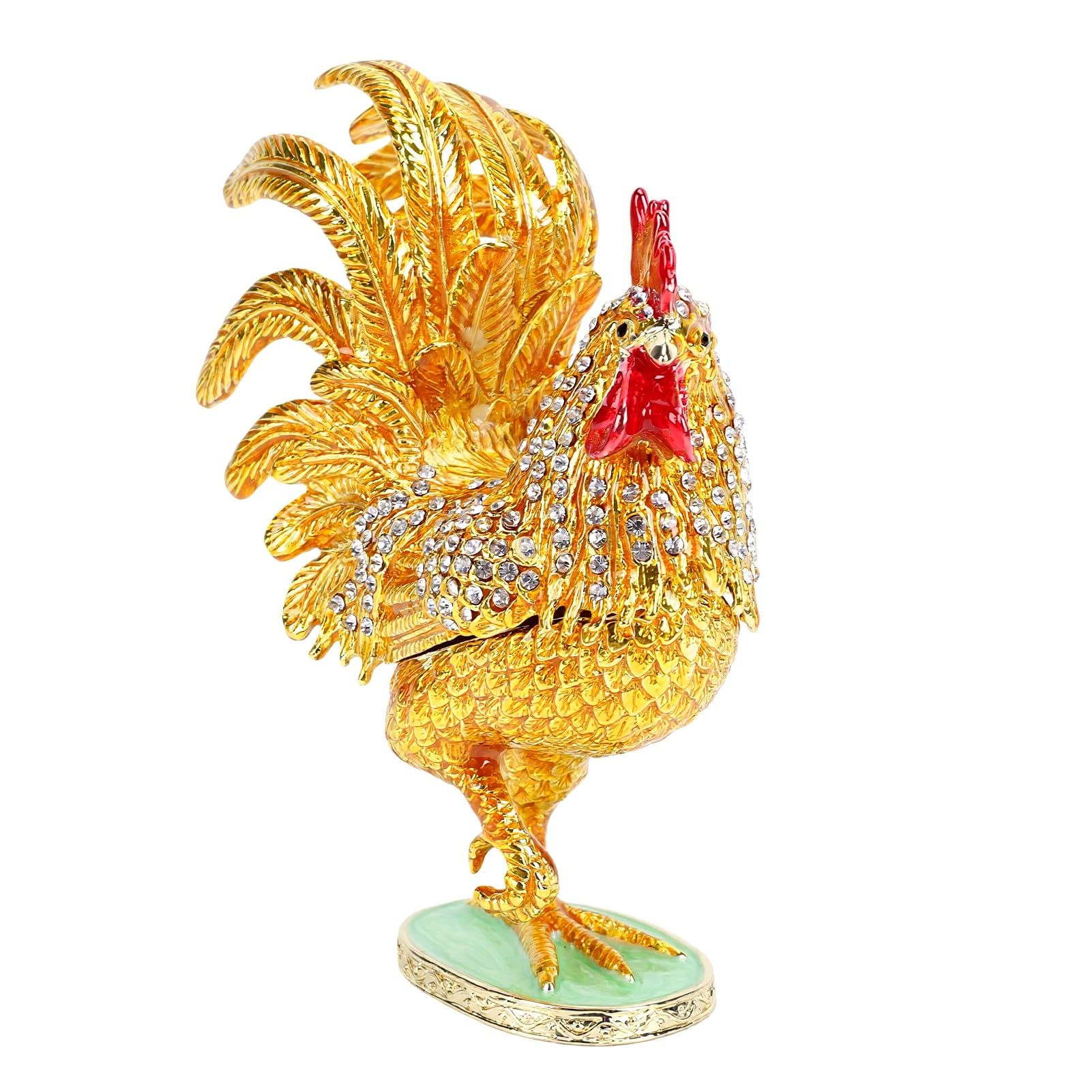 Jelquix Rooster Trinket Box Hand Painted Enamel Jewelry Storage, Crystal Embellished Gold Finish, Hinged Lid Organizer for Living Room Bedroom