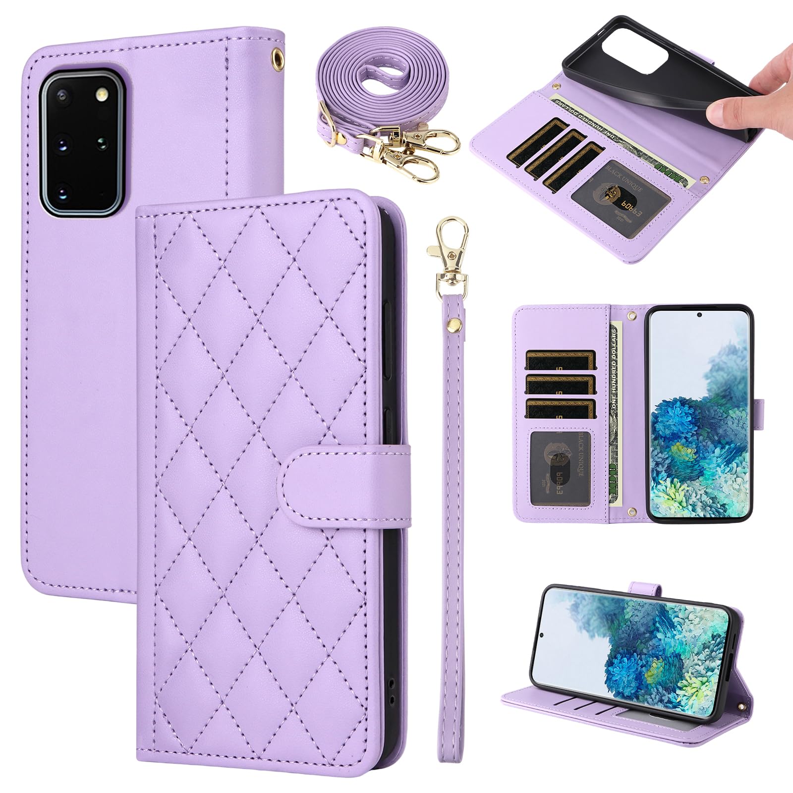 Furiet Wallet Case for Samsung Galaxy S20 Plus S20+ 5G with Wrist Strap, Shoulder Strap, Multiple Card Slots Folio Purse, PU Leather Stand Phone Cover