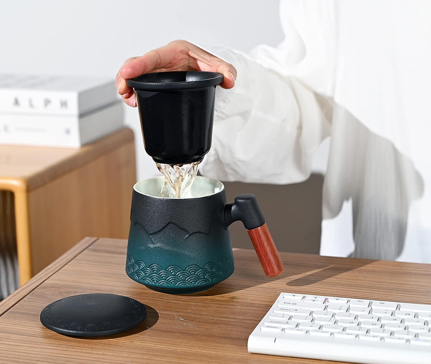 Tea Cup with Infuser and Lid, Gradual Wood Handle Ceramic Coffee Mug Green | Tea Mug Cups with Infuser, Capacity about 430ml/14.50 OZ, Suitable for Tea, Flower Buds, Coffee, Water, it is LEAD-FREE