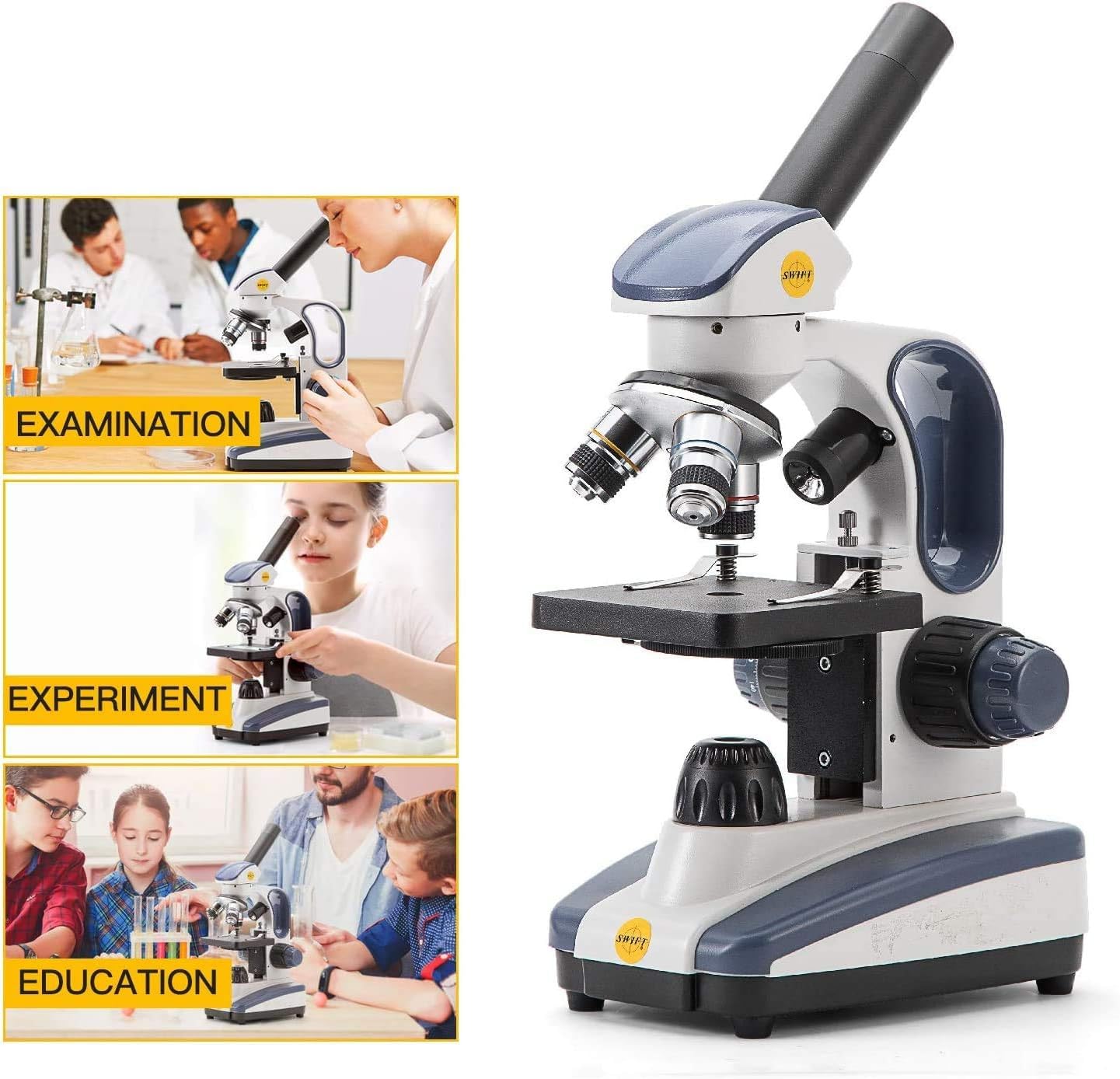 Swift Microscopio monocular Compuesto SW200DL con Aumento de 40X-1000X, luz Dual, Enfoque Fino de precisión, Ocular de Campo Ancho 25X y Capacidad inalámbrica para Estudiantes Principiantes