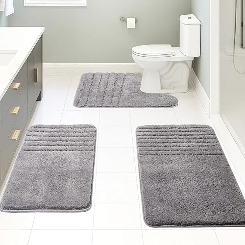 Miniatura 26 de Juego de 3 alfombras de baño suaves y absorbentes, peludas, suaves, antideslizantes, para ducha, bañera, lavable a máquina